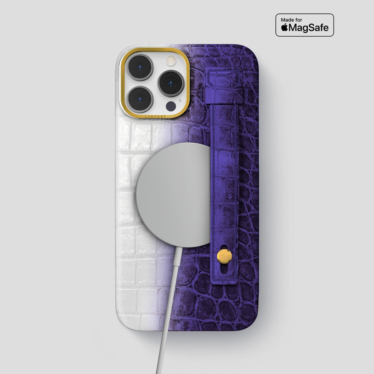 Purple iPhone 15 Pro Max Hand Strap Case Himalayan Crocodile with Gold Metal -4 | Purple-Gold