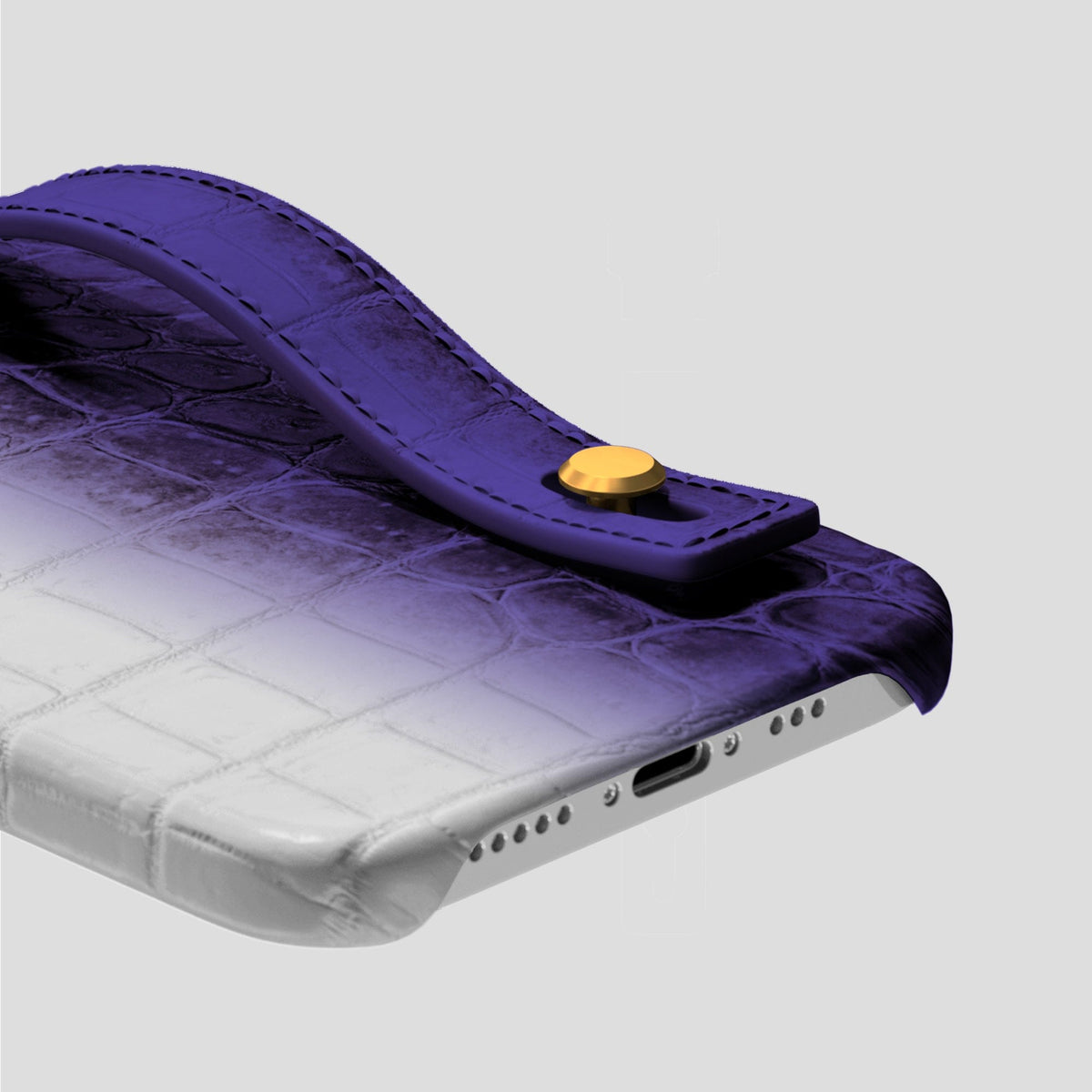 Purple iPhone 15 Pro Max Hand Strap Case Himalayan Crocodile with Gold Metal -5 | Purple-Gold