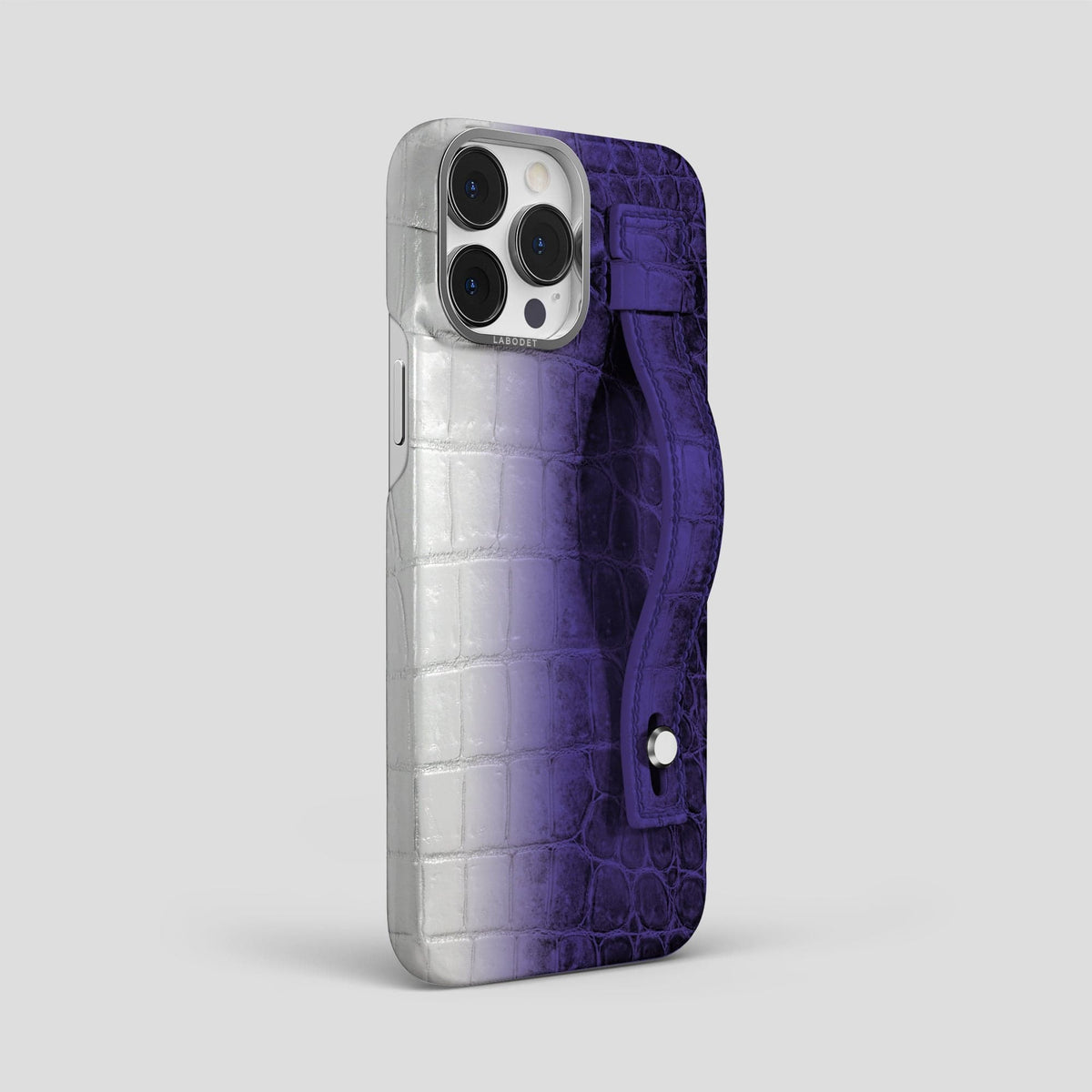 Purple iPhone 15 Pro Max Hand Strap Case Himalayan Crocodile with Steel Metal -2 | Purple-Steel
