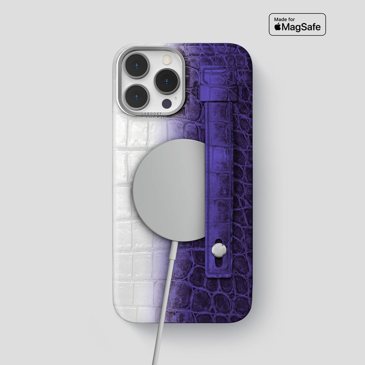Purple iPhone 15 Pro Max Hand Strap Case Himalayan Crocodile with Steel Metal -4 | Purple-Steel