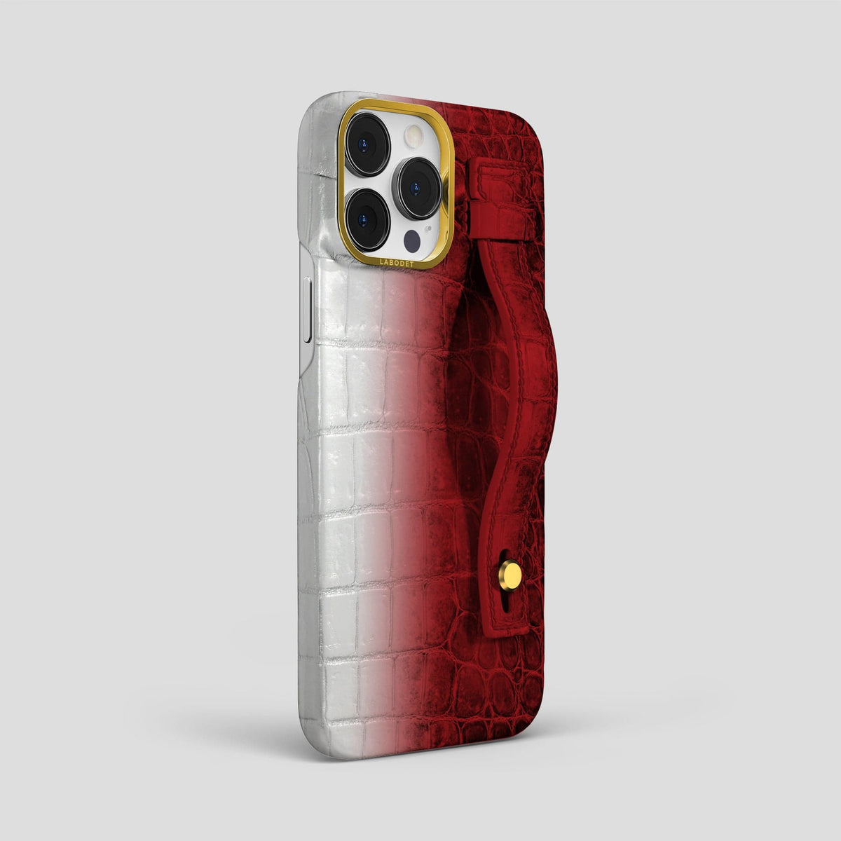Red iPhone 15 Pro Max Hand Strap Case Himalayan Crocodile with Gold Metal -2 | Red-Gold