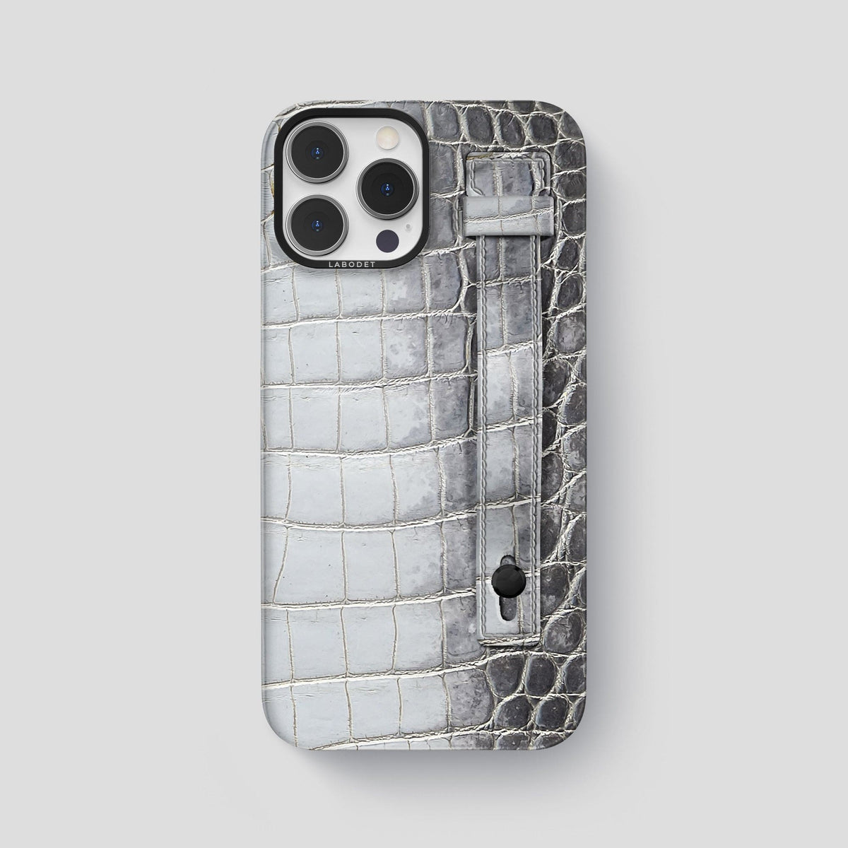 Silver iPhone 15 Pro Max Hand Strap Case Himalayan Crocodile with Black Metal -1 | Silver-Black