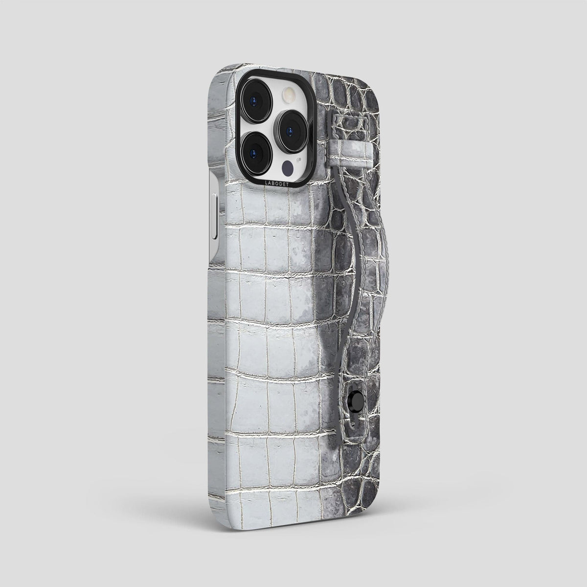 Silver iPhone 15 Pro Max Hand Strap Case Himalayan Crocodile with Black Metal -2 | Silver-Black