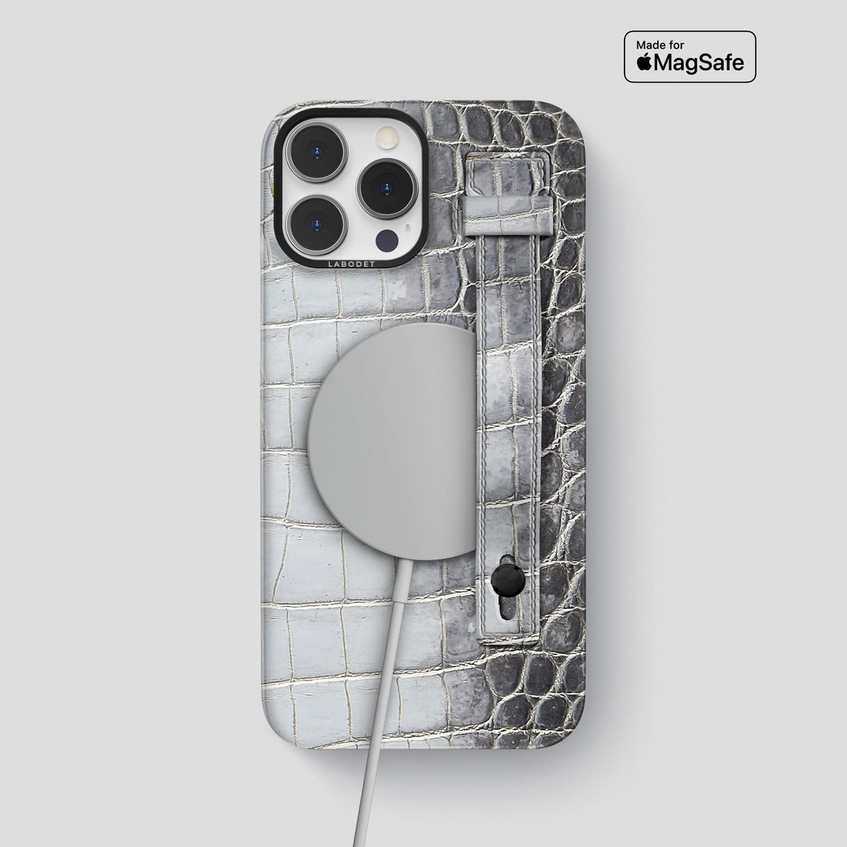 Silver iPhone 15 Pro Max Hand Strap Case Himalayan Crocodile with Black Metal -4 | Silver-Black