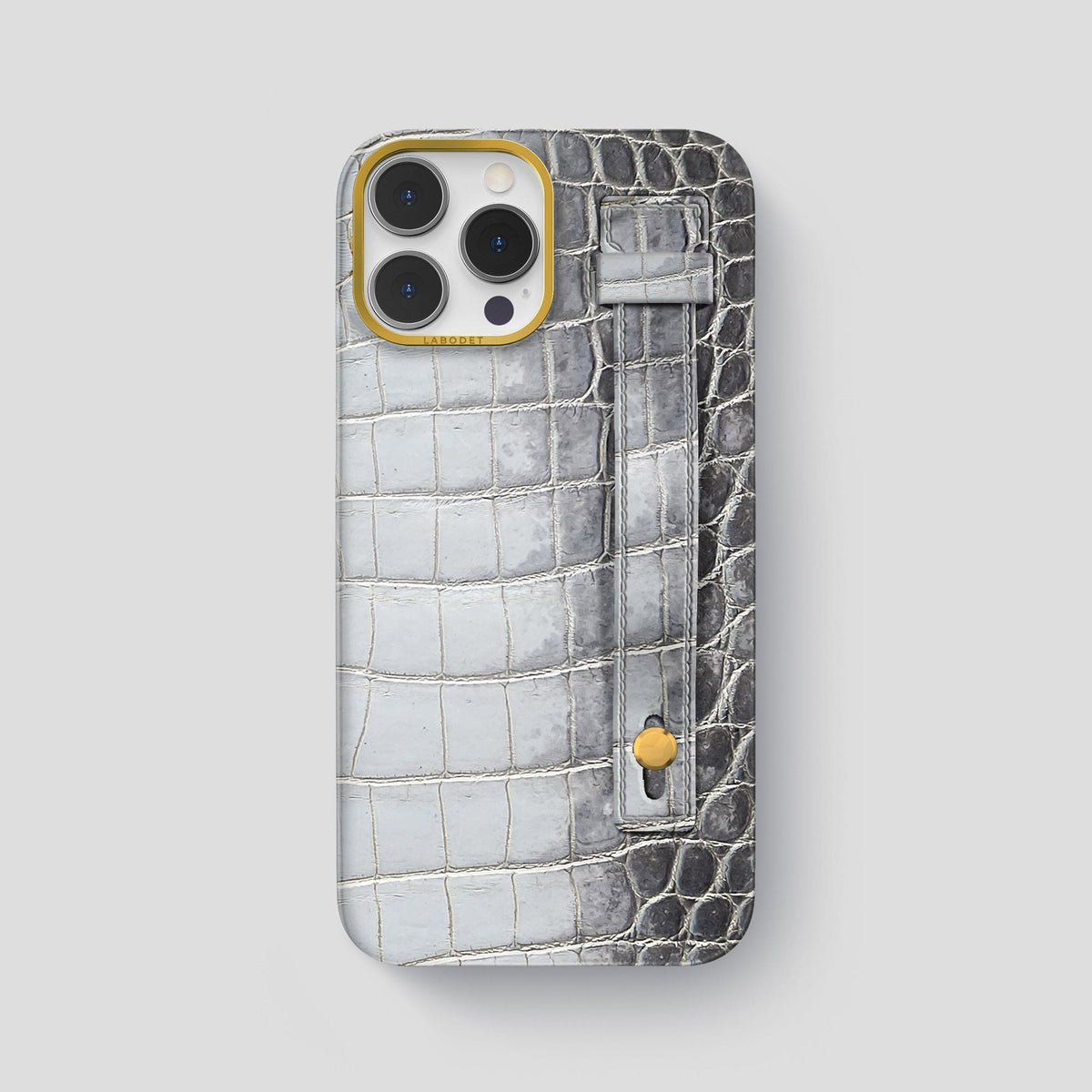 Silver iPhone 15 Pro Max Hand Strap Case Himalayan Crocodile with Gold Metal -1 | Silver-Gold