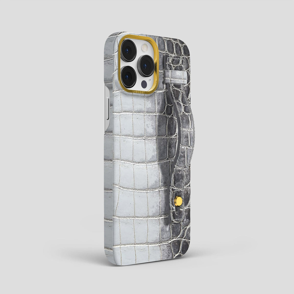 Silver iPhone 15 Pro Max Hand Strap Case Himalayan Crocodile with Gold Metal -2 | Silver-Gold