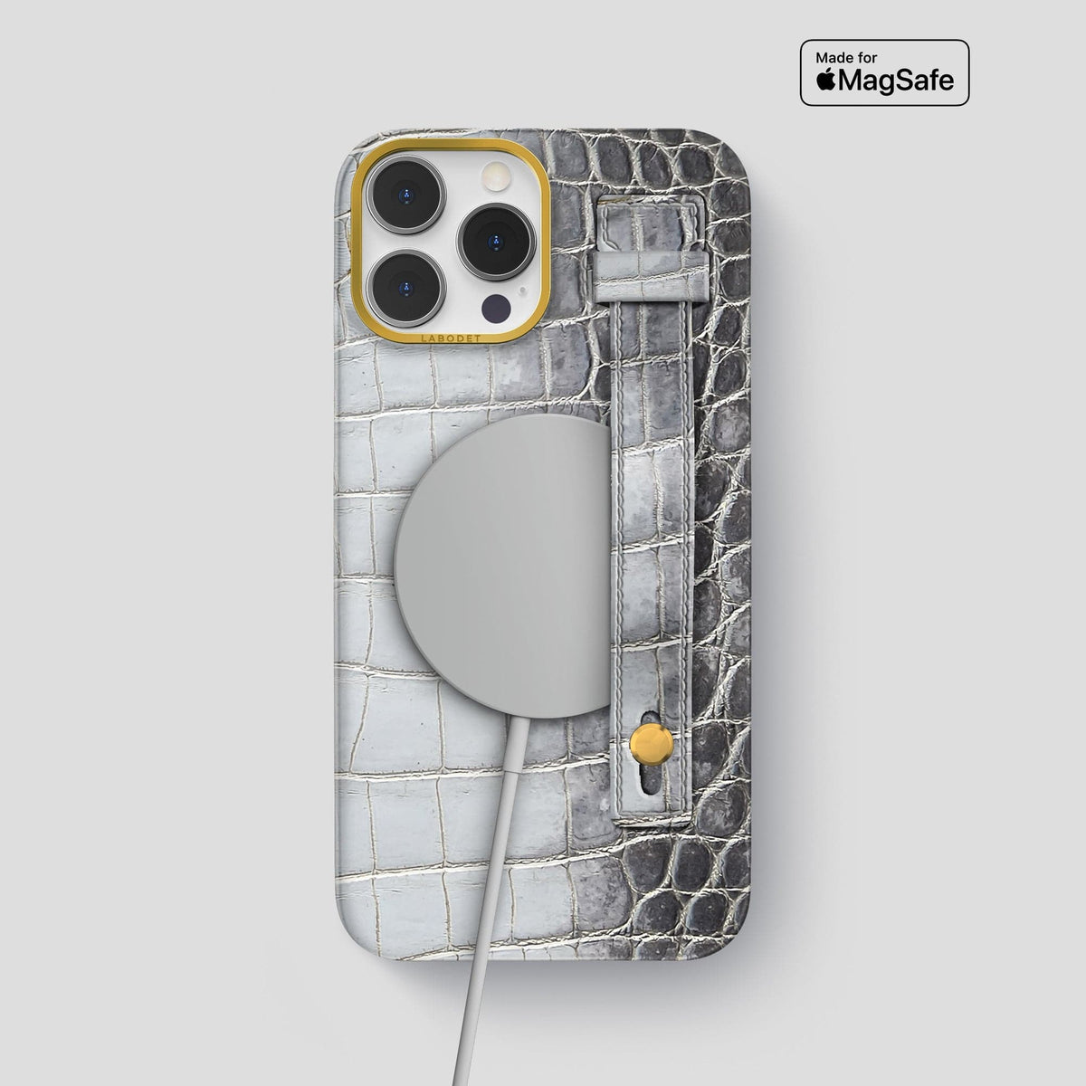 Silver iPhone 15 Pro Max Hand Strap Case Himalayan Crocodile with Gold Metal -4 | Silver-Gold
