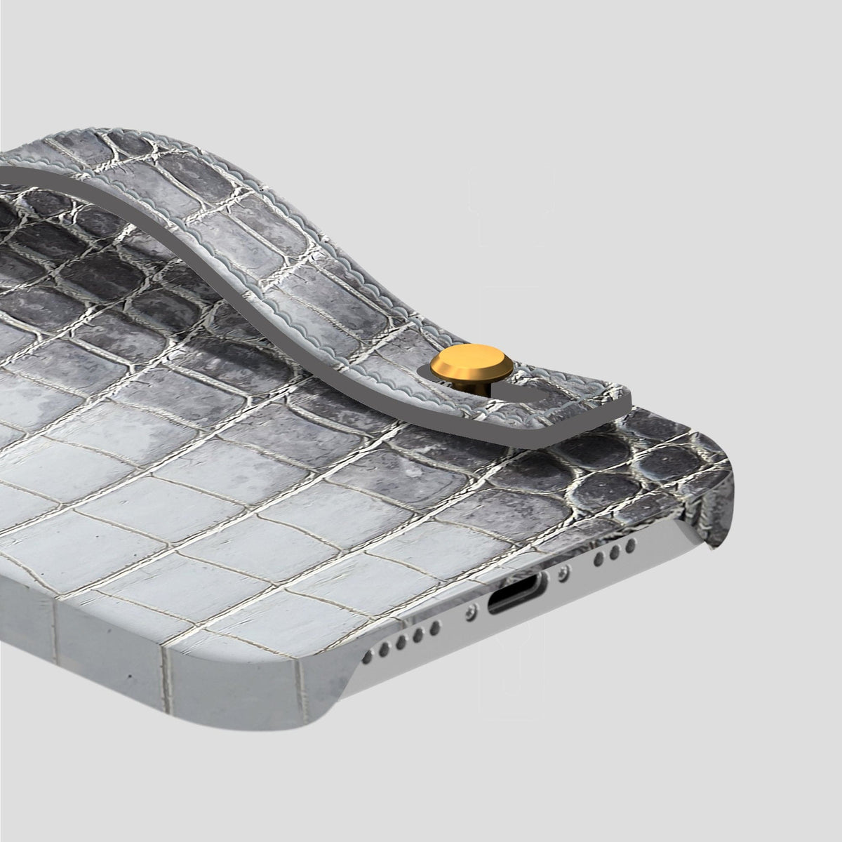 Silver iPhone 15 Pro Max Hand Strap Case Himalayan Crocodile with Gold Metal -5 | Silver-Gold