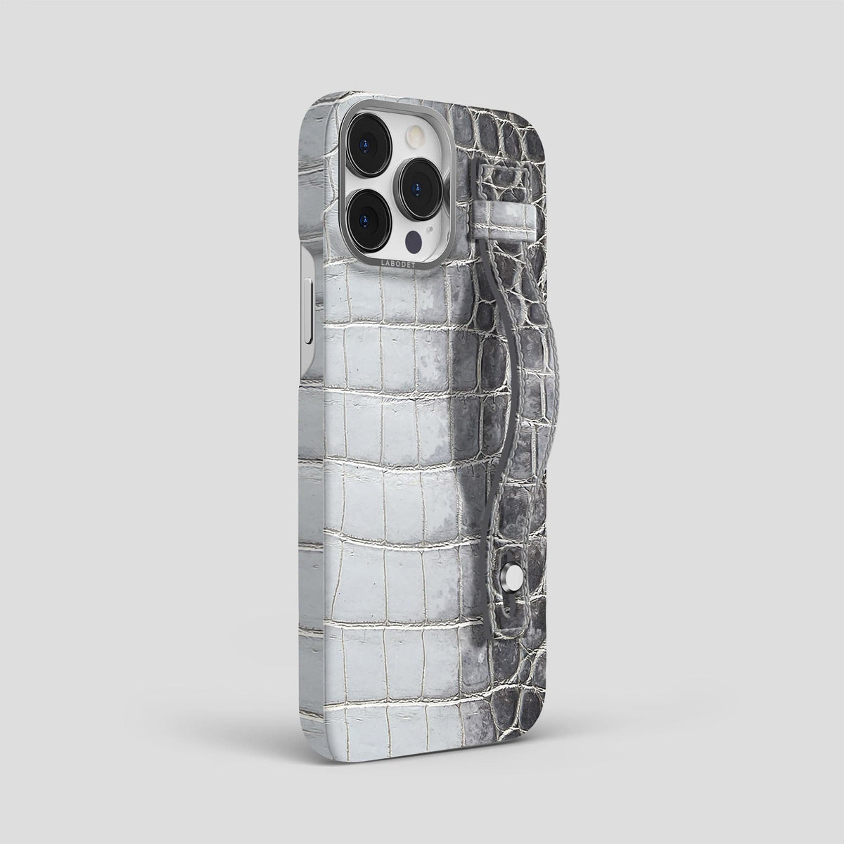 Silver iPhone 15 Pro Max Hand Strap Case Himalayan Crocodile with Steel Metal -2 | Silver-Steel