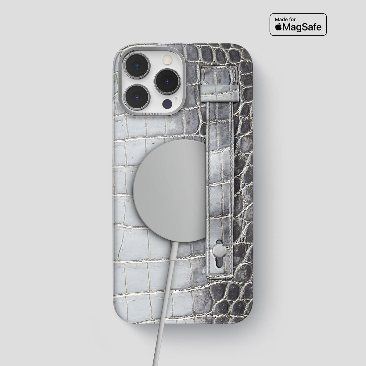 Silver iPhone 15 Pro Max Hand Strap Case Himalayan Crocodile with Steel Metal -4 | Silver-Steel