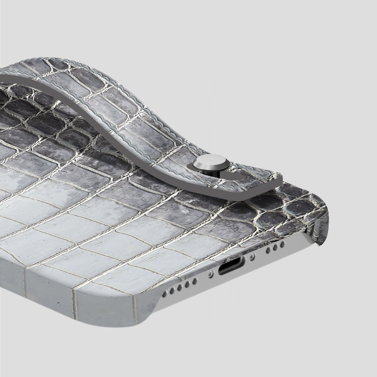 Silver iPhone 15 Pro Max Hand Strap Case Himalayan Crocodile with Steel Metal -5 | Silver-Steel