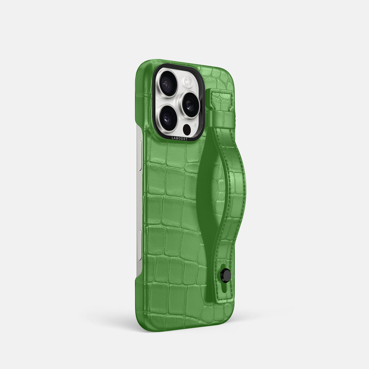 Apple-Green iPhone 16 Pro Hand Strap Case Alligator with Black Metal -2 | Apple-Green-Black