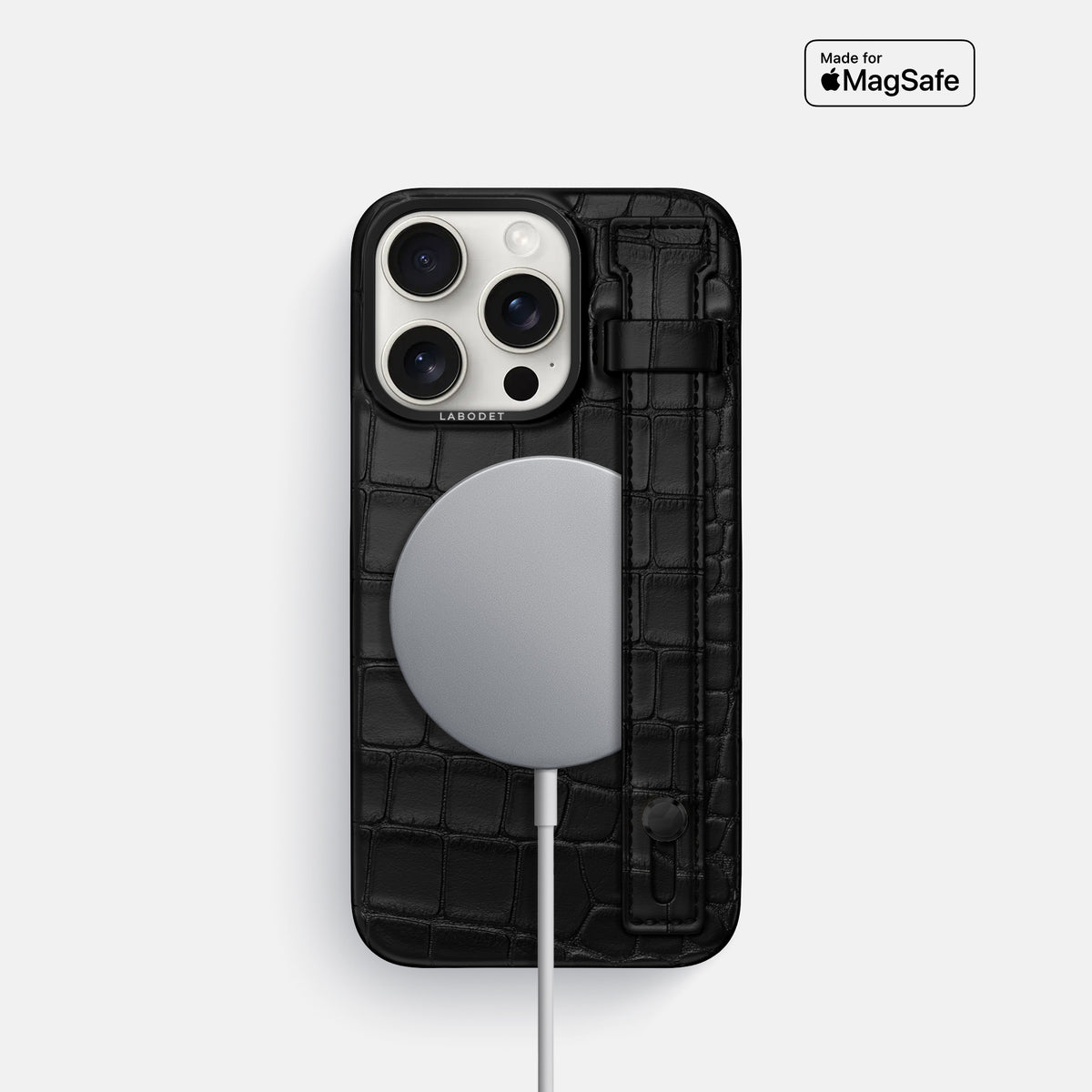 Black iPhone 16 Pro Hand Strap Case Alligator with Black Metal -4 | Black-Black