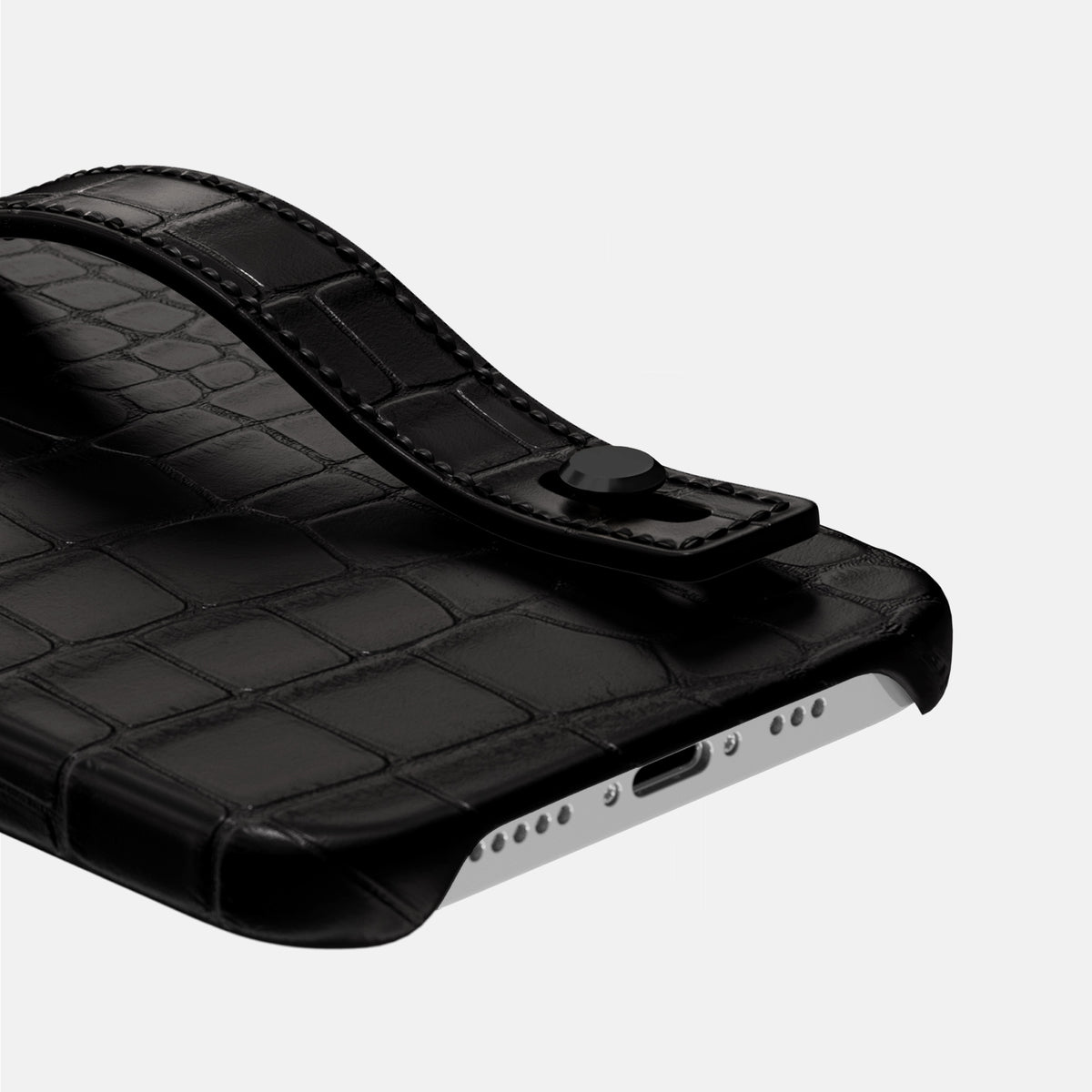 Black iPhone 16 Pro Hand Strap Case Alligator with Black Metal -5 | Black-Black