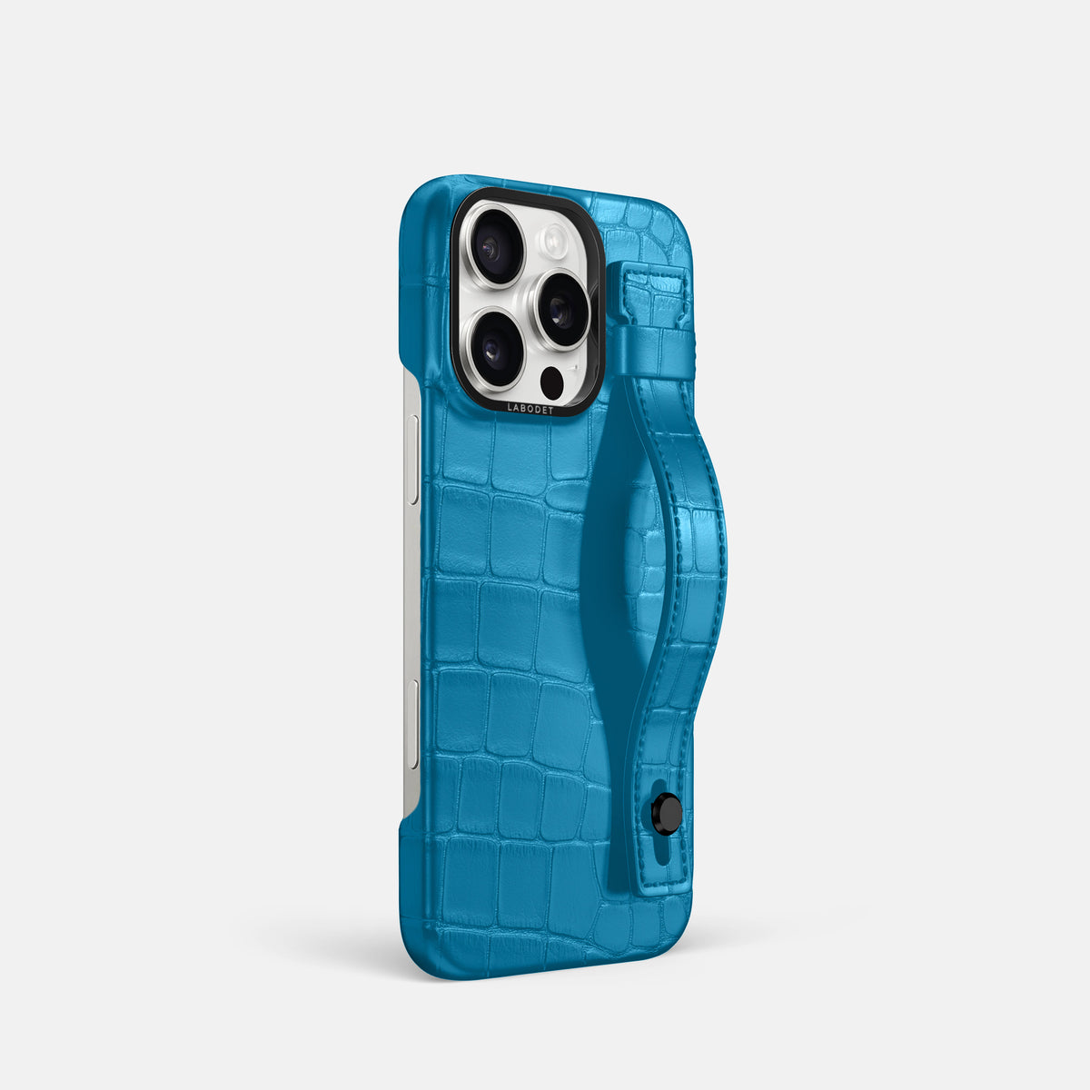 Curaçao-Blue iPhone 16 Pro Hand Strap Case Alligator with Black Metal -2 | Curaçao-Blue-Black