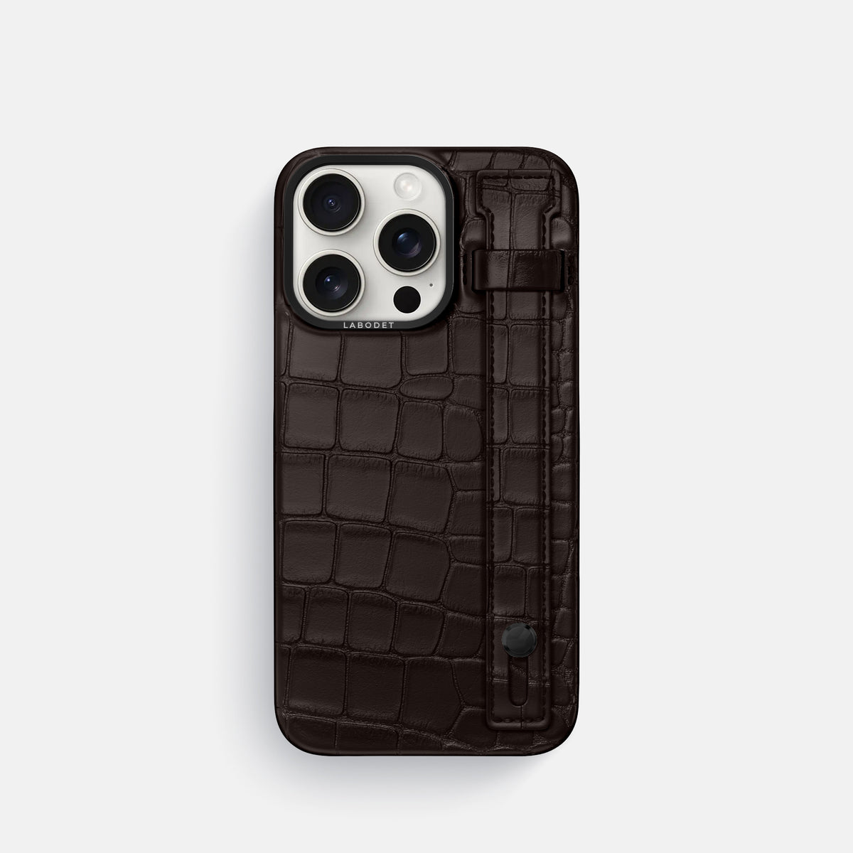 Dark-Brown iPhone 16 Pro Hand Strap Case Alligator with Black Metal -1 | Dark-Brown-Black