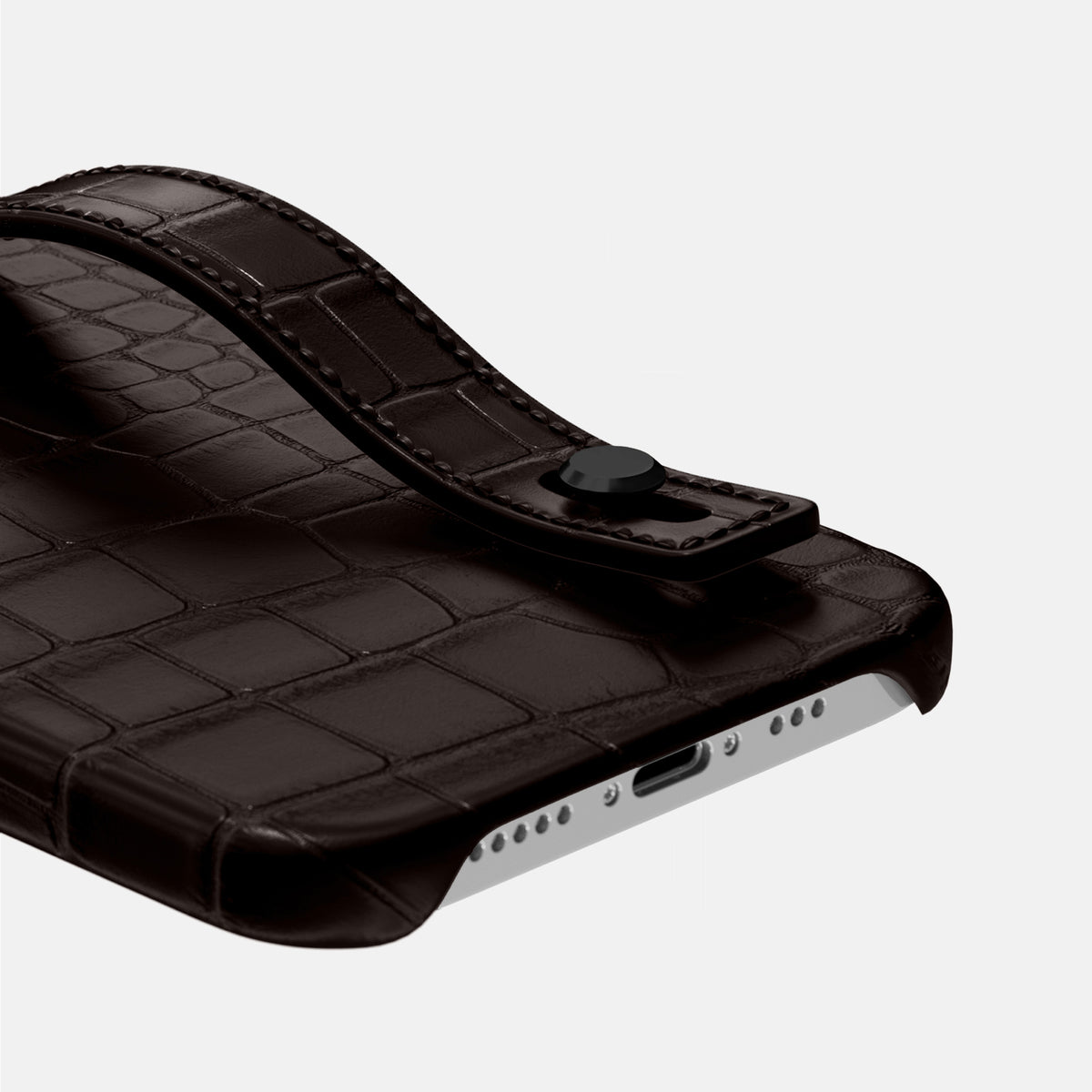 Dark-Brown iPhone 16 Pro Hand Strap Case Alligator with Black Metal -5 | Dark-Brown-Black