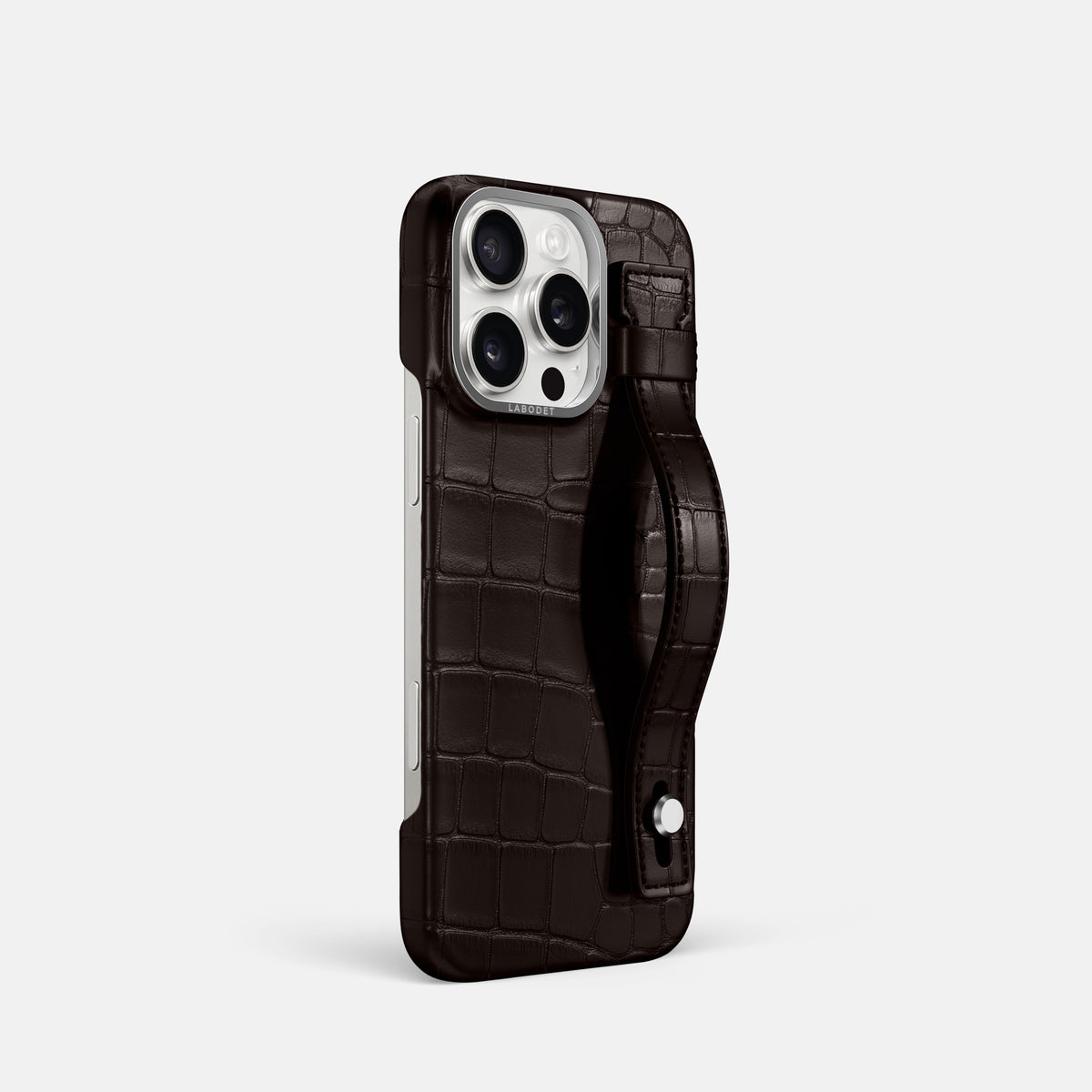 Dark-Brown iPhone 16 Pro Hand Strap Case Alligator with Steel Metal -2 | Dark-Brown-Steel