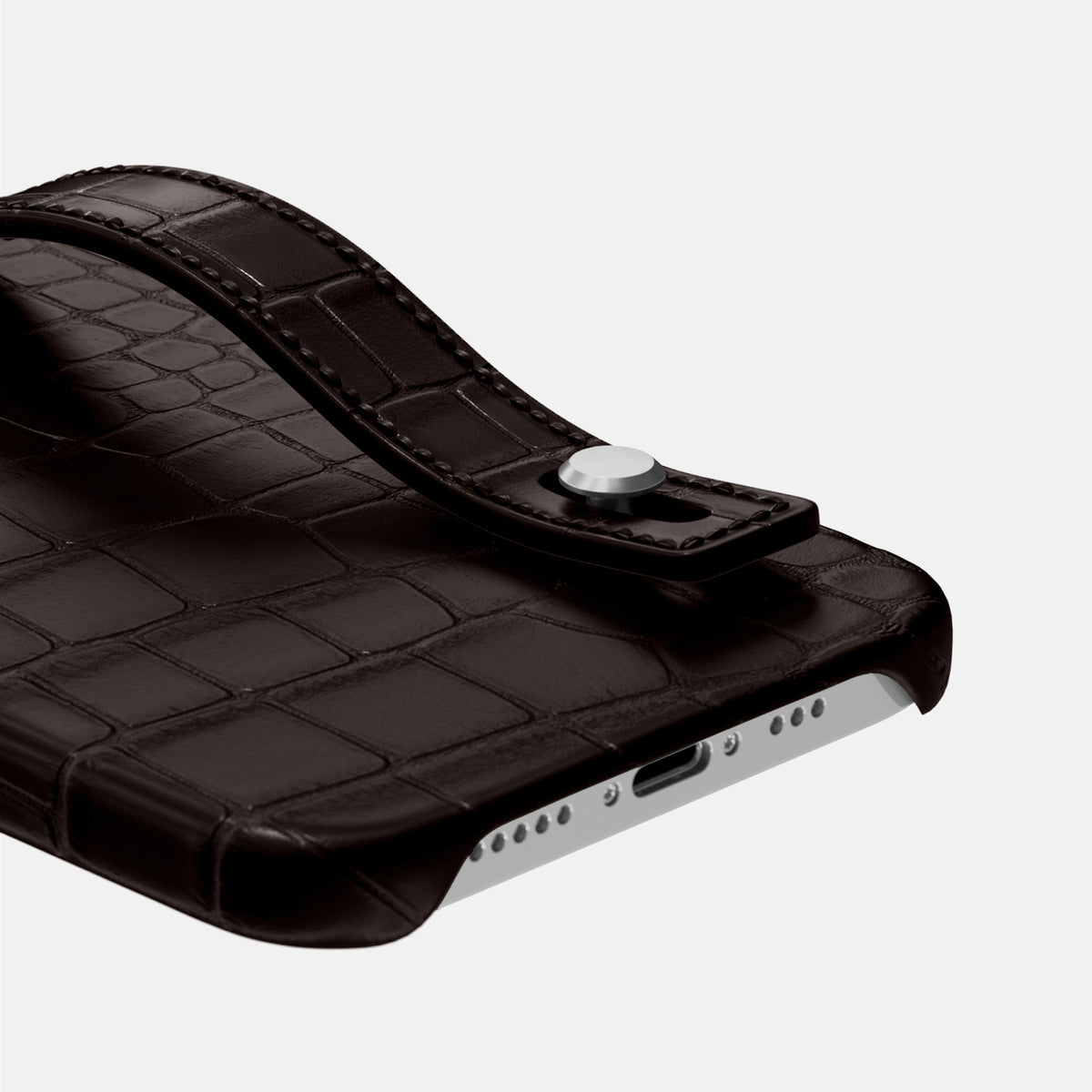 Dark-Brown iPhone 16 Pro Hand Strap Case Alligator with Steel Metal -5 | Dark-Brown-Steel