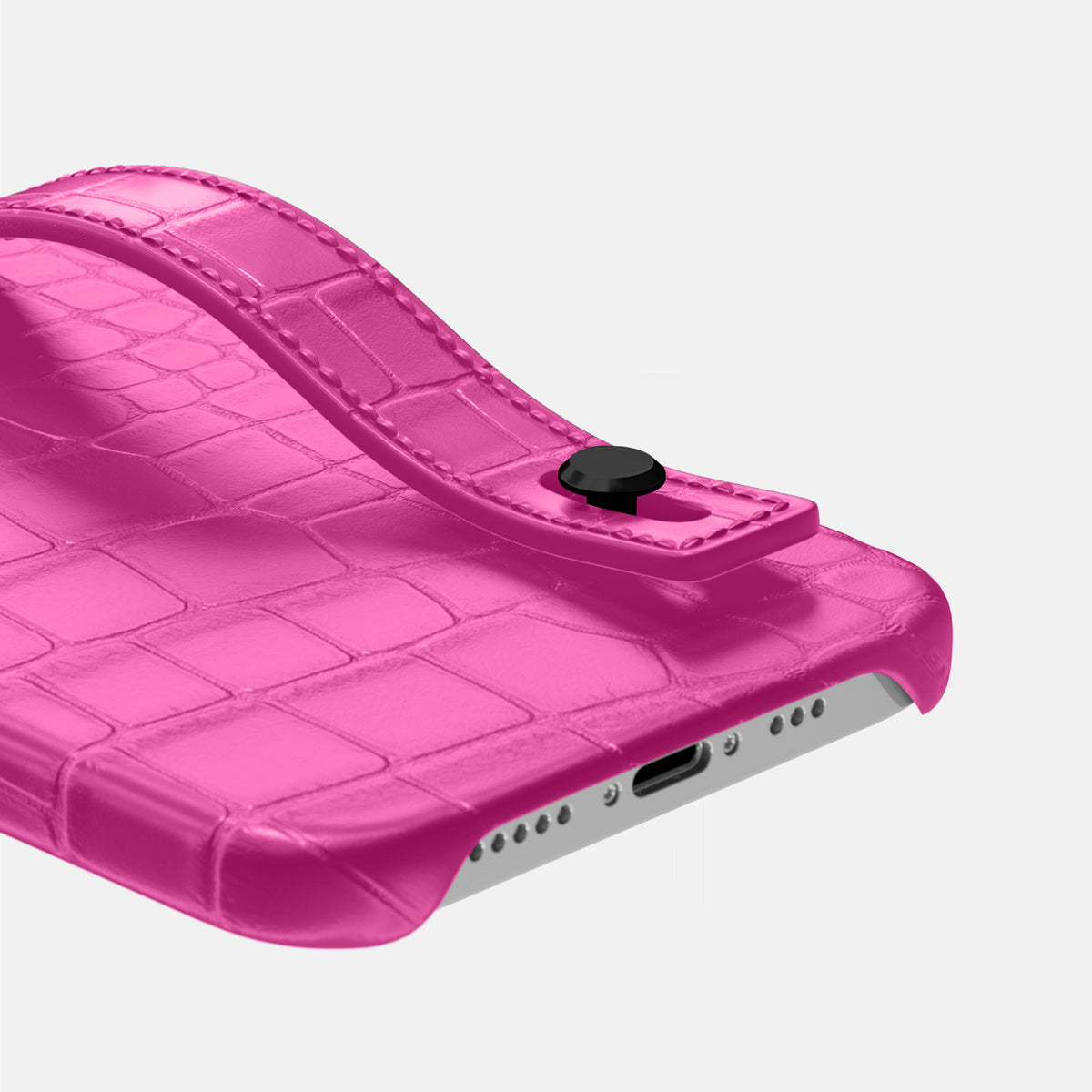 Fuchsia iPhone 16 Pro Hand Strap Case Alligator with Black Metal -5 | Fuchsia-Black