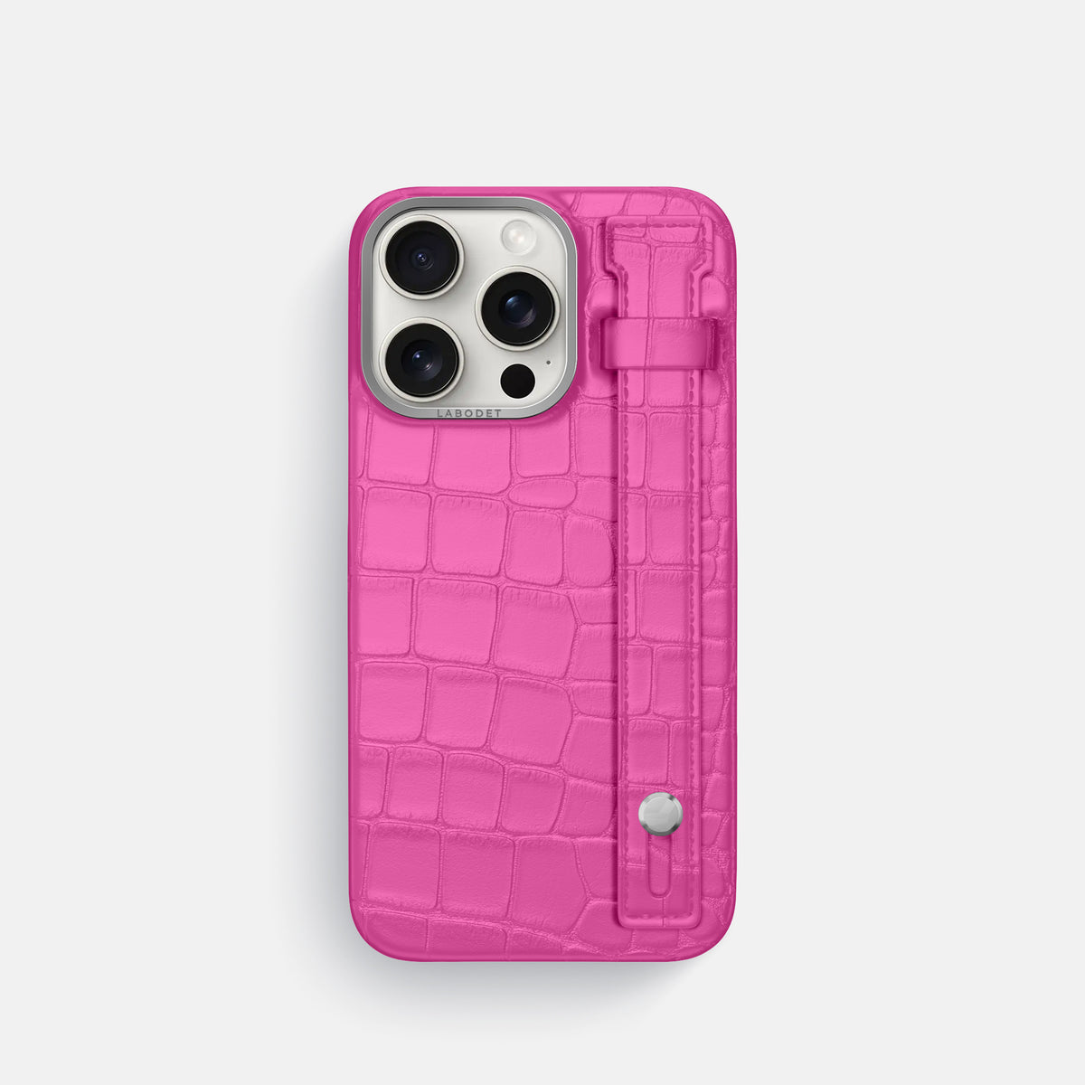 Fuchsia iPhone 16 Pro Hand Strap Case Alligator with Steel Metal -1 | Fuchsia-Steel