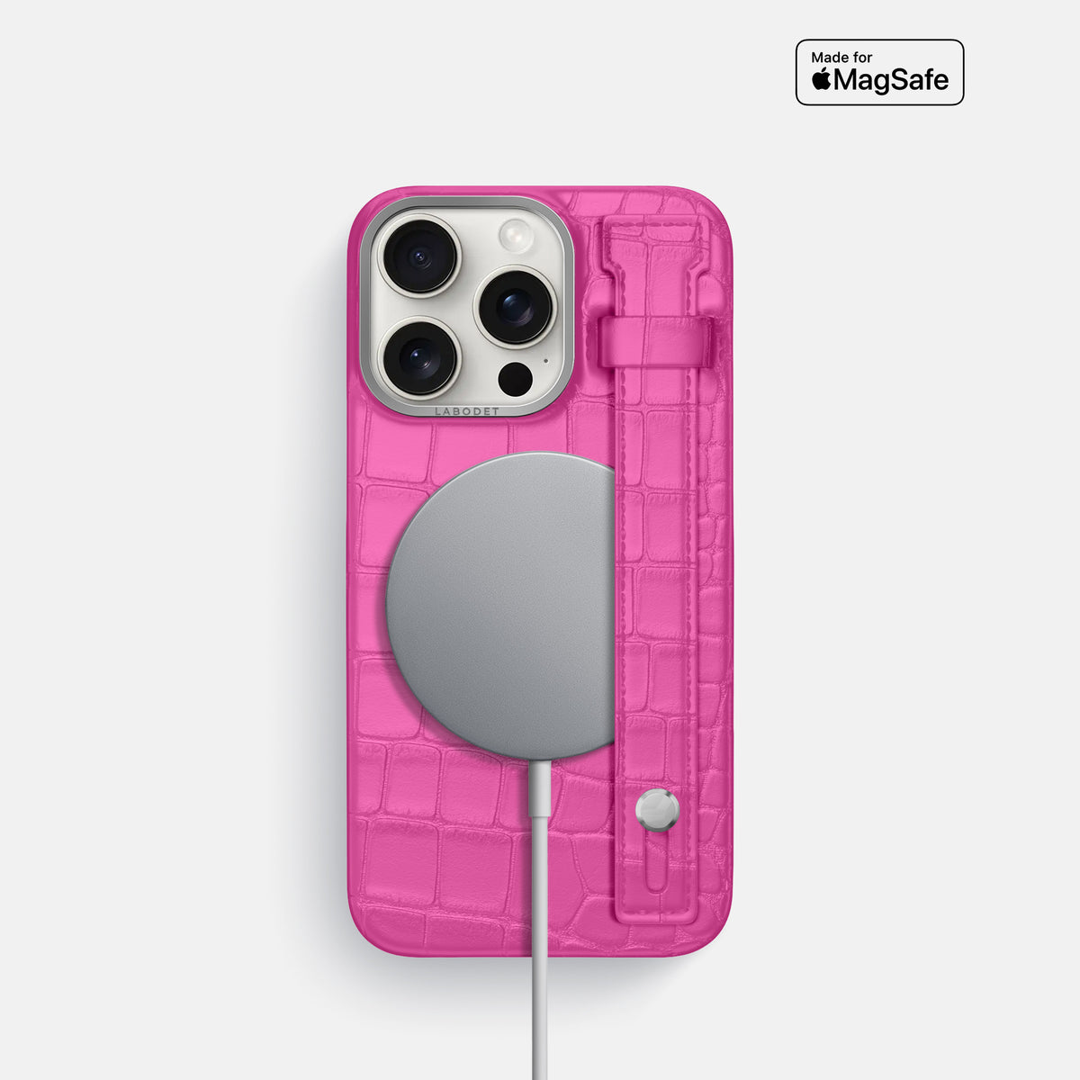 Fuchsia iPhone 16 Pro Hand Strap Case Alligator with Steel Metal -4 | Fuchsia-Steel