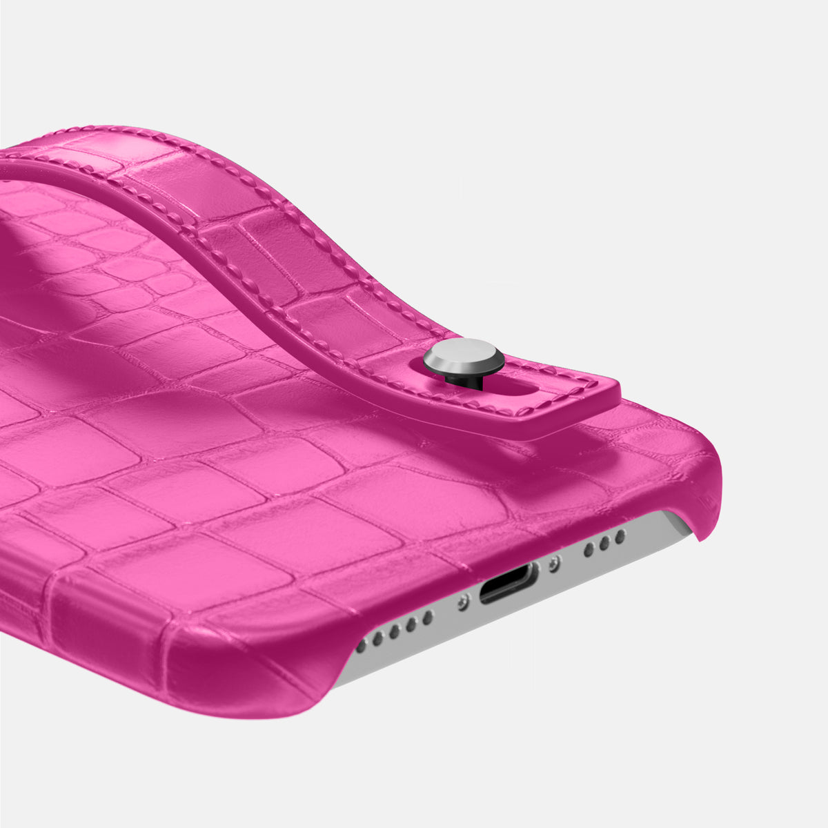 Fuchsia iPhone 16 Pro Hand Strap Case Alligator with Steel Metal -5 | Fuchsia-Steel