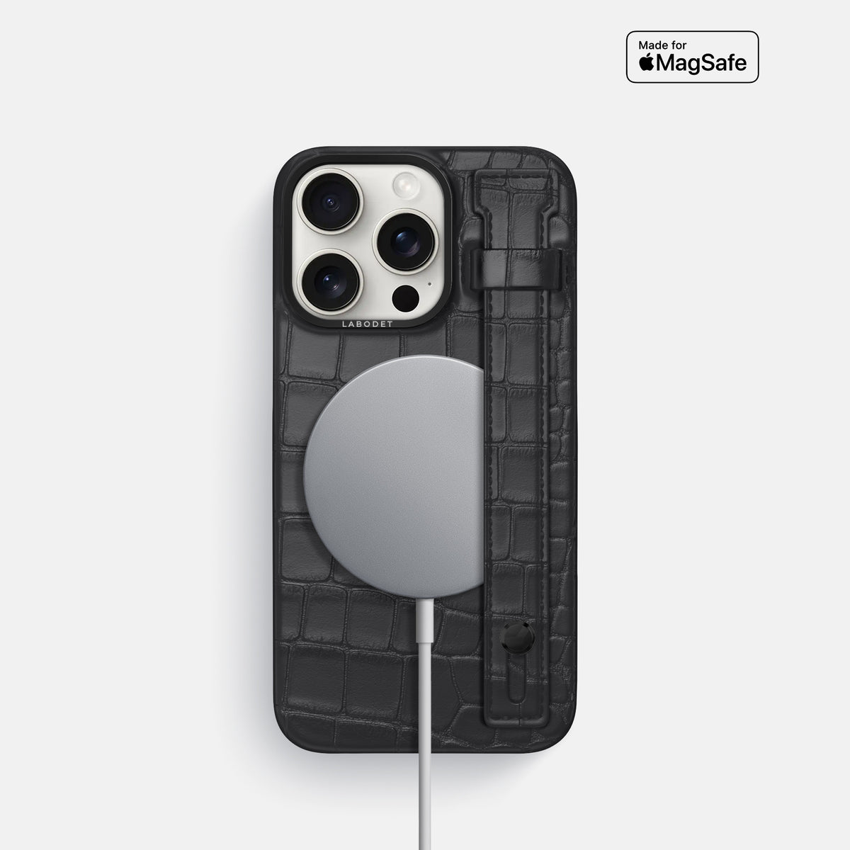 Grey iPhone 16 Pro Hand Strap Case Alligator with Black Metal -4 | Grey-Black
