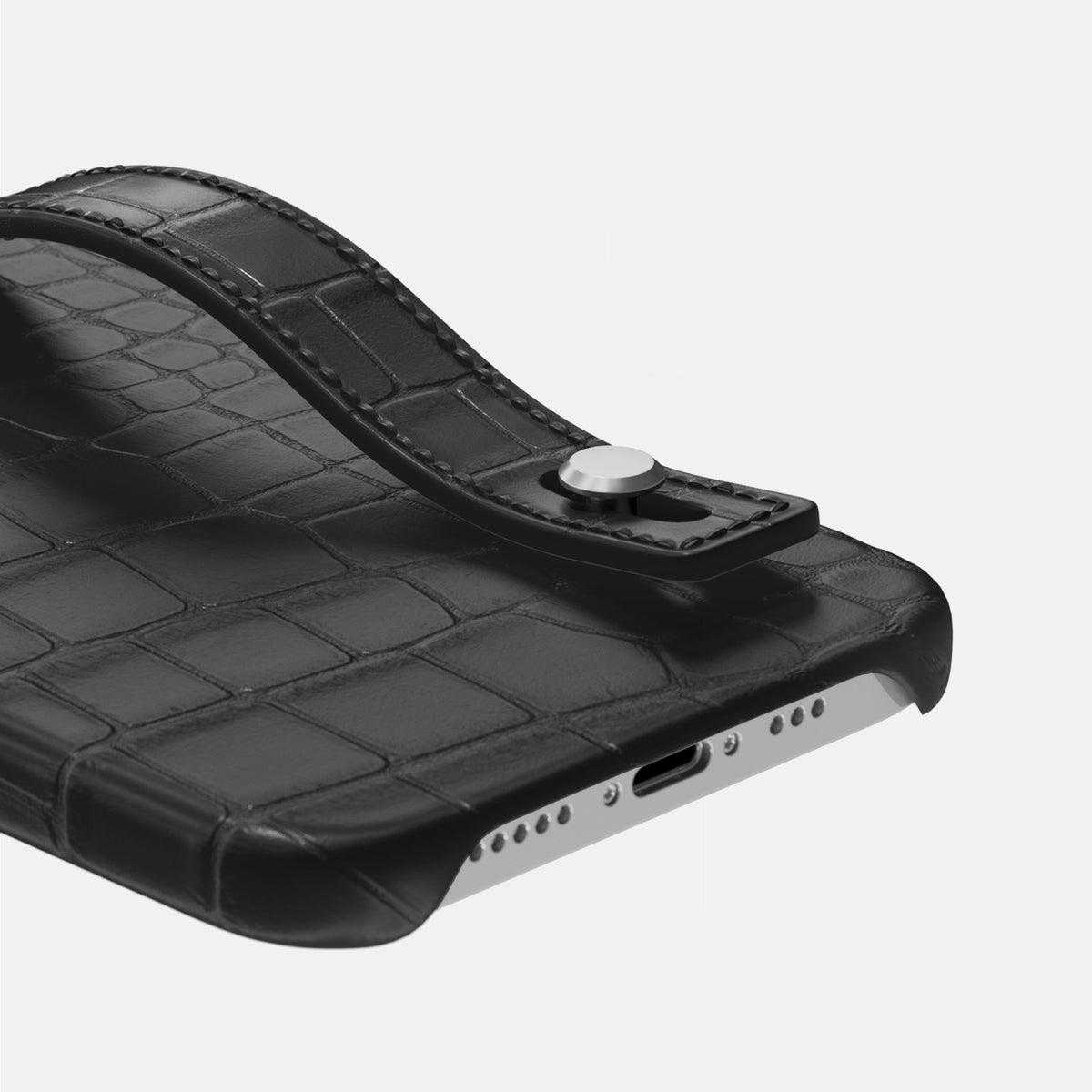 Grey iPhone 16 Pro Hand Strap Case Alligator with Steel Metal -5 | Grey-Steel