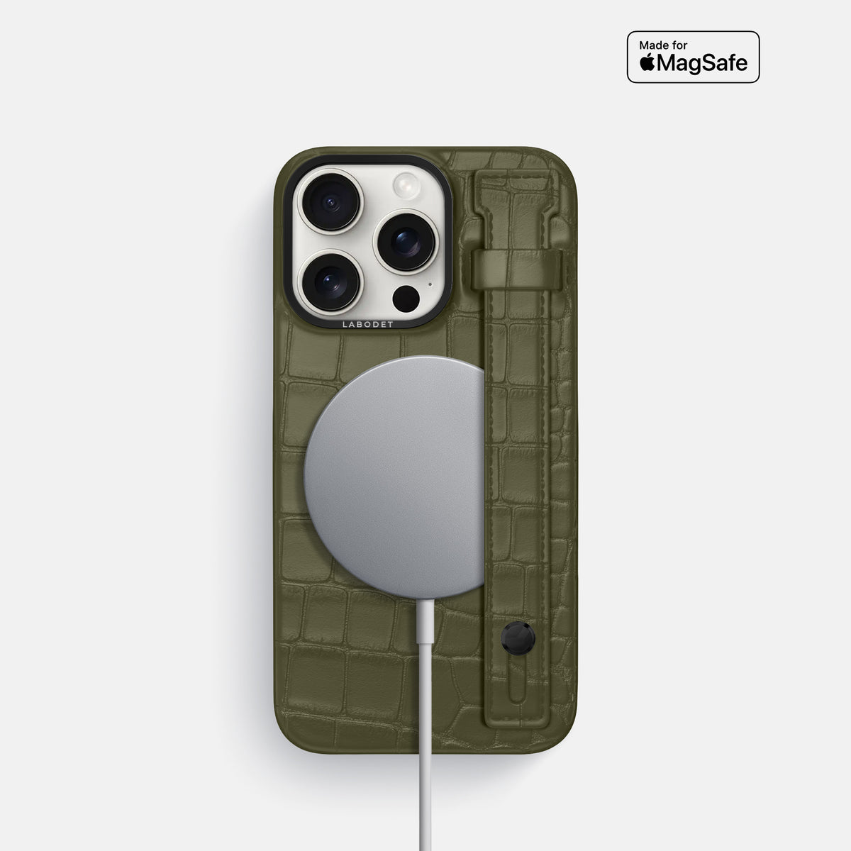 Kaki-Green iPhone 16 Pro Hand Strap Case Alligator with Black Metal -4 | Kaki-Green-Black