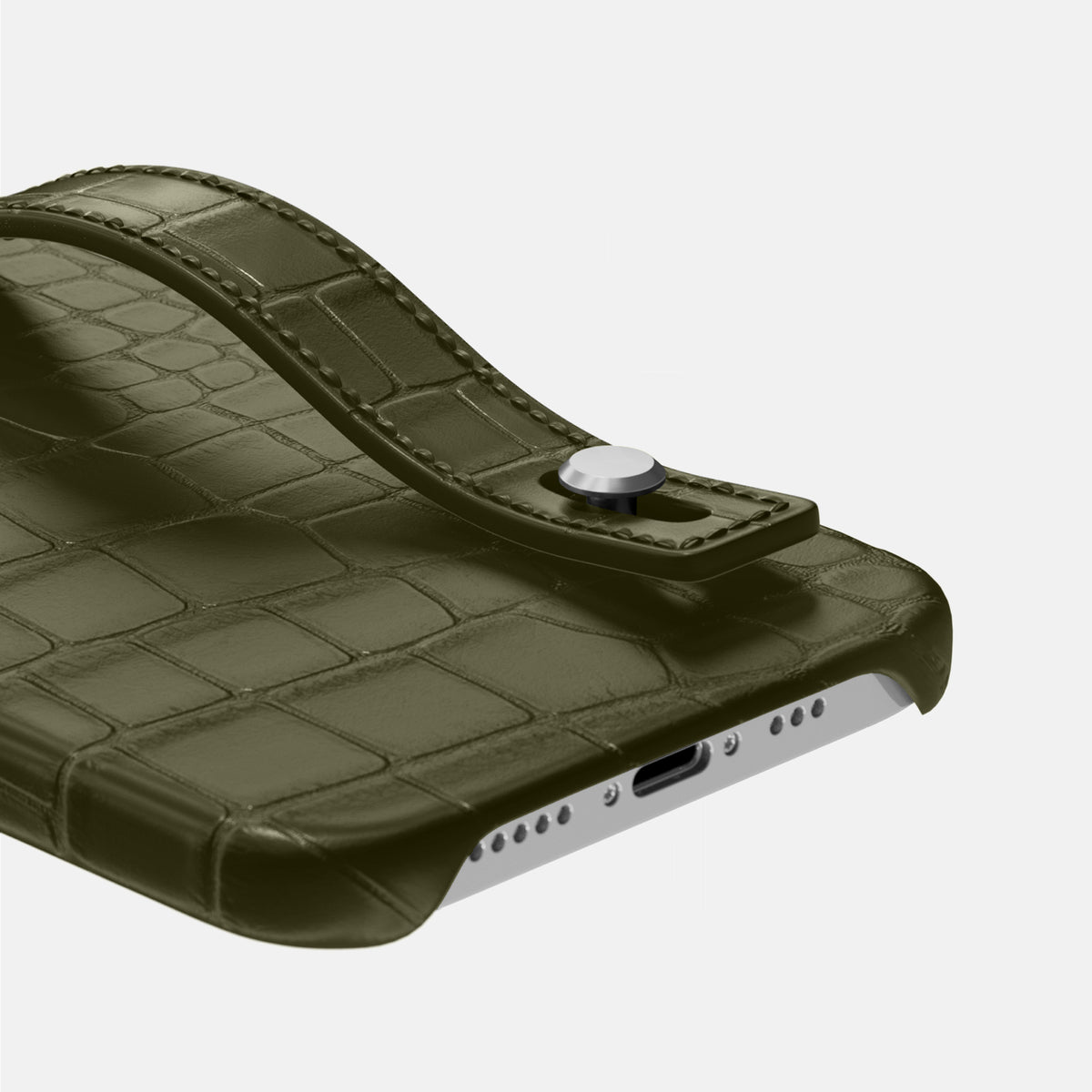 Kaki-Green iPhone 16 Pro Hand Strap Case Alligator with Steel Metal -5 | Kaki-Green-Steel