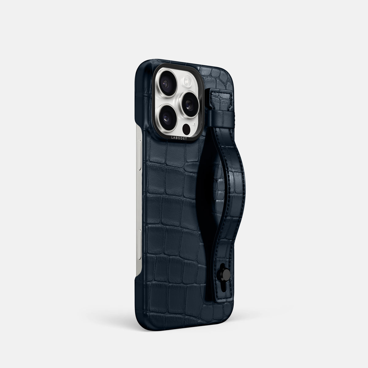 Navy Blue iPhone 16 Pro Hand Strap Case Alligator with Black Metal -2 | Navy-Blue-Black
