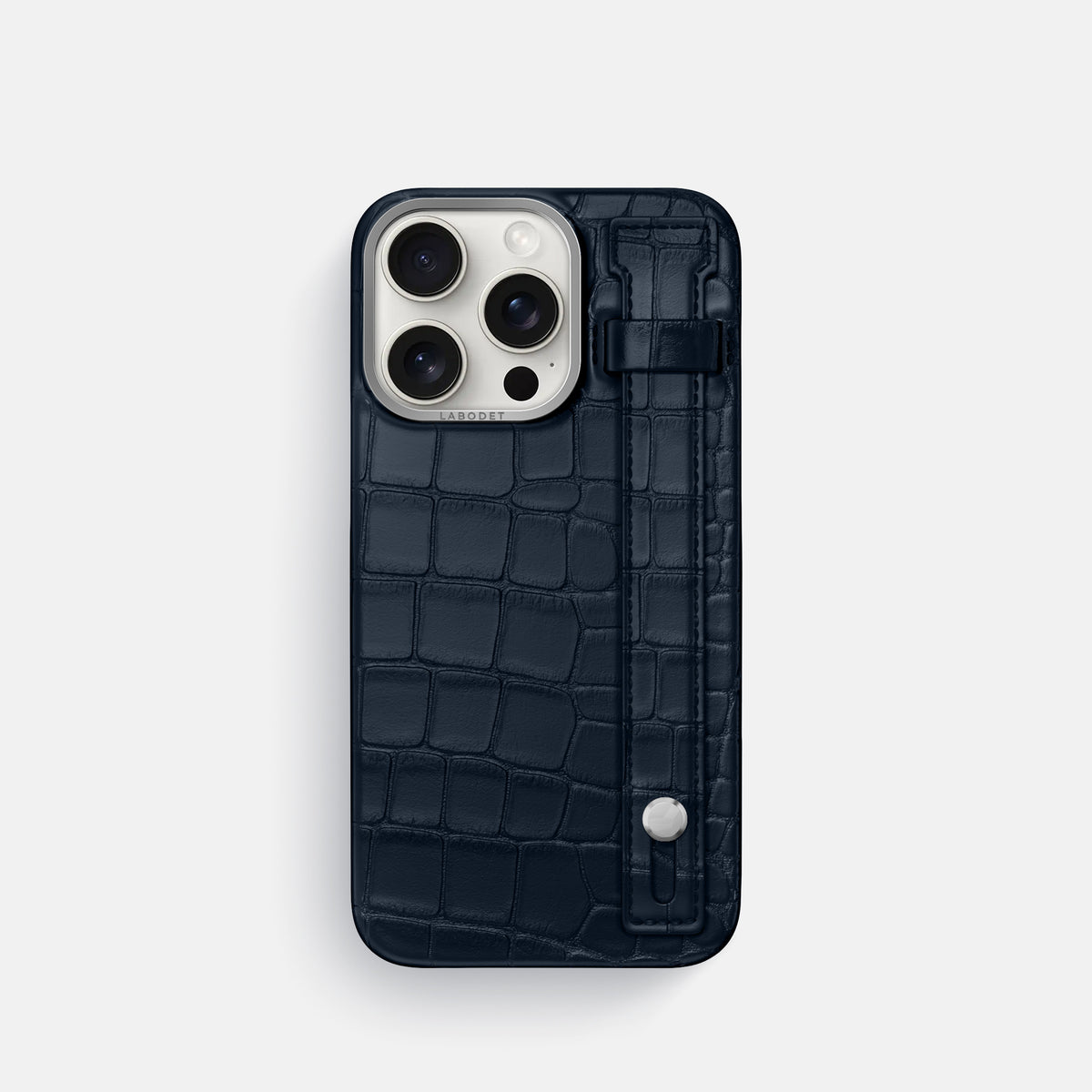 Navy Blue iPhone 16 Pro Hand Strap Case Alligator with Steel Metal -1 | Navy-Blue-Steel