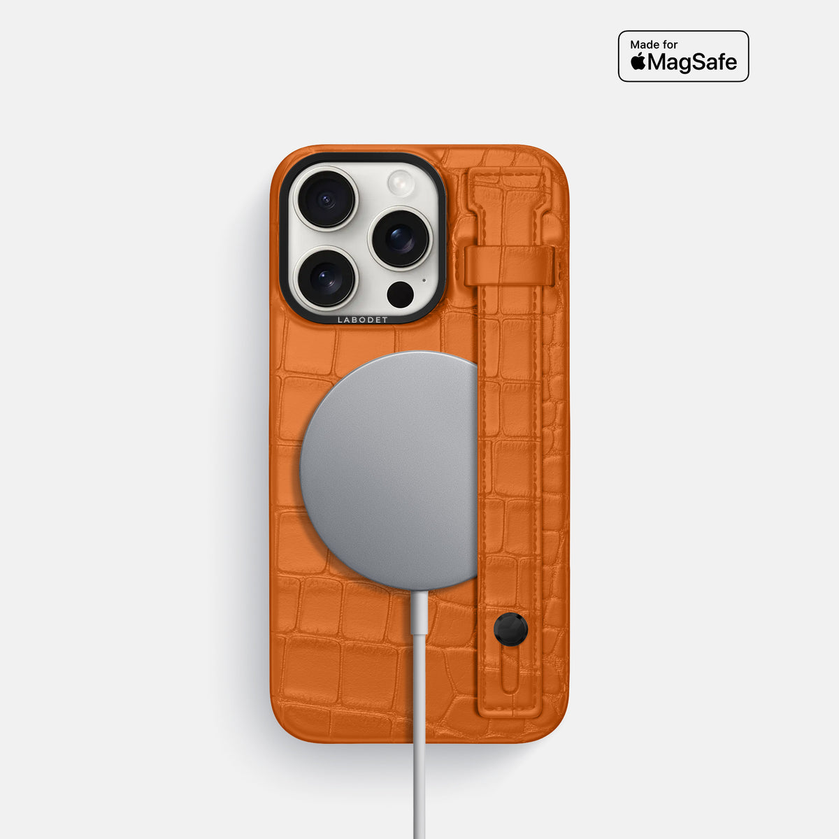 Orange iPhone 16 Pro Hand Strap Case Alligator with Black Metal -4 | Orange-Black