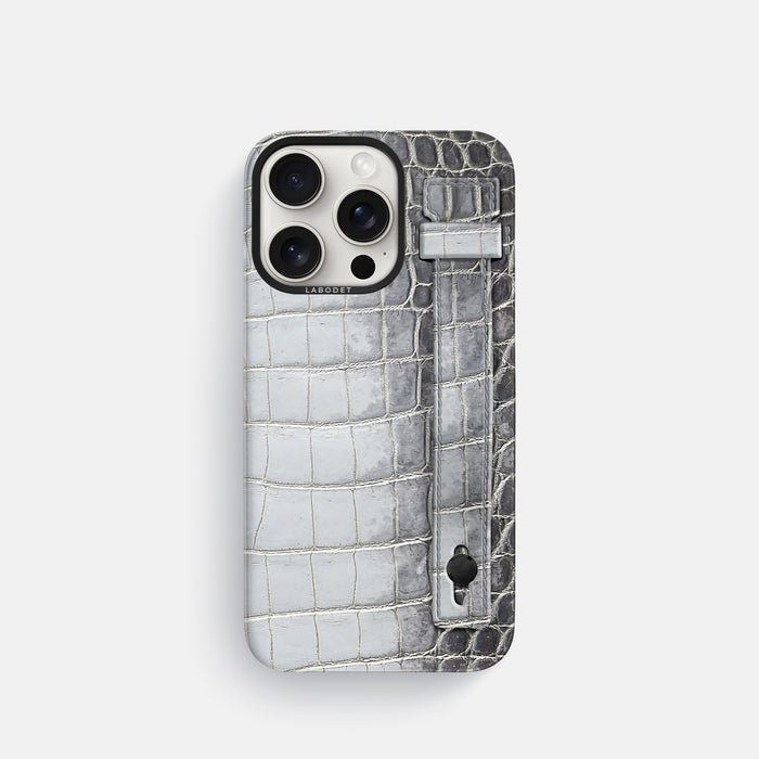 Silver iPhone 16 Pro Hand Strap Case Himalayan Crocodile with Black Metal -1 | Silver-Black