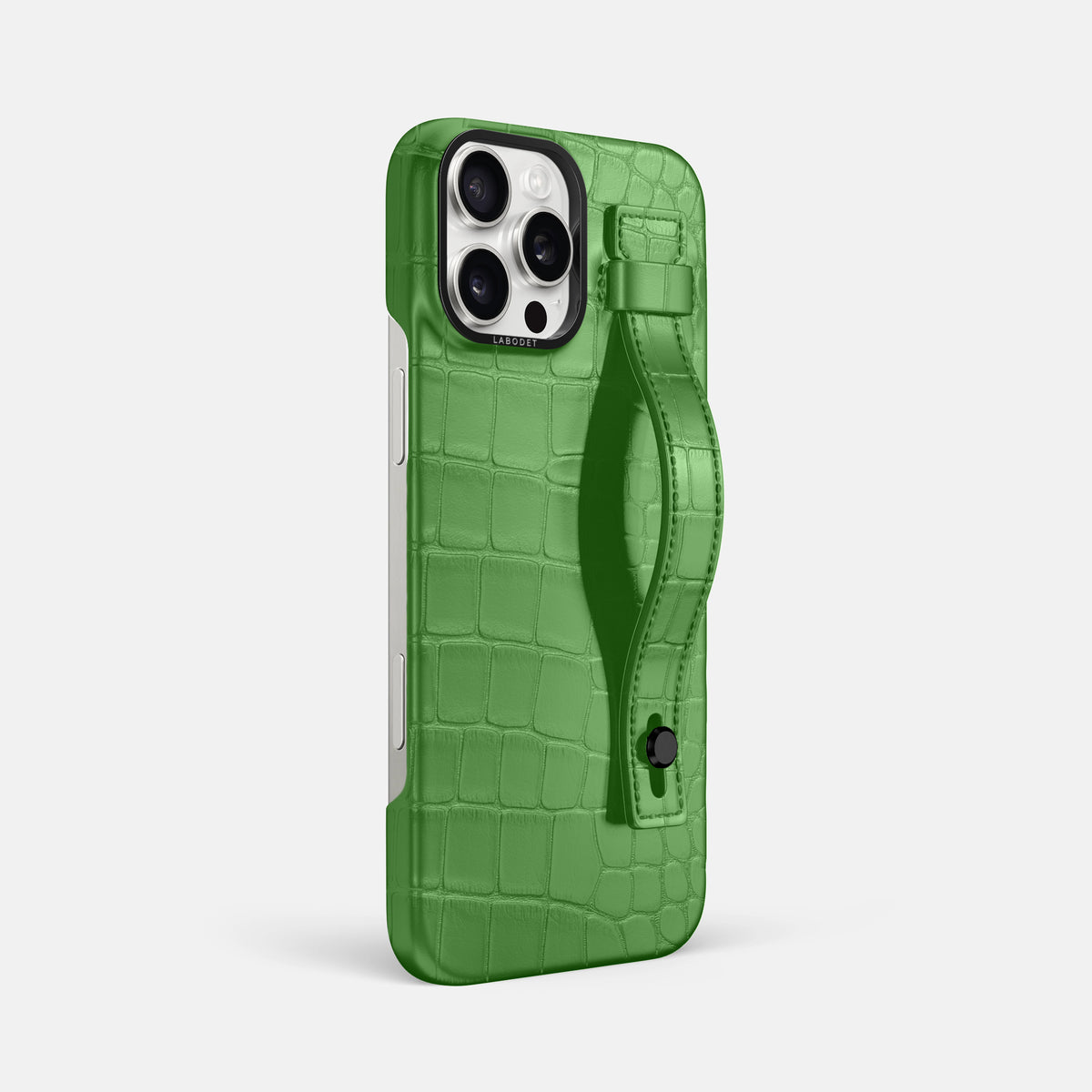 Apple-Green iPhone 16 Pro Max Hand Strap Case Alligator with Black Metal -2 | Apple-Green-Black