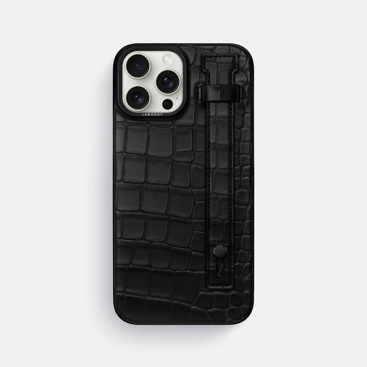 Black iPhone 16 Pro Max Hand Strap Case Alligator with Black Metal -1 | Black-Black