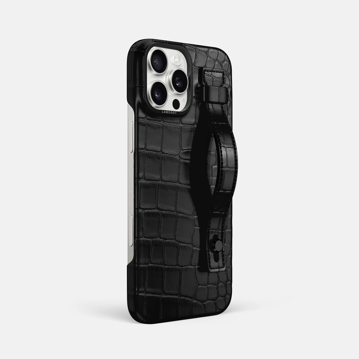 Black iPhone 16 Pro Max Hand Strap Case Alligator with Black Metal -2 | Black-Black