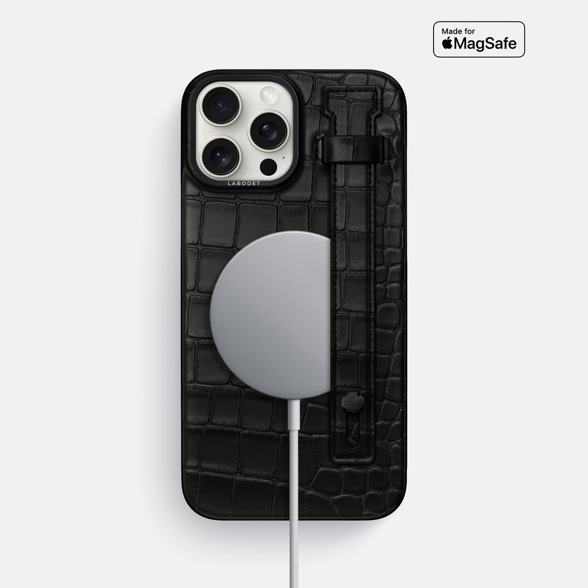 Black iPhone 16 Pro Max Hand Strap Case Alligator with Black Metal -4 | Black-Black