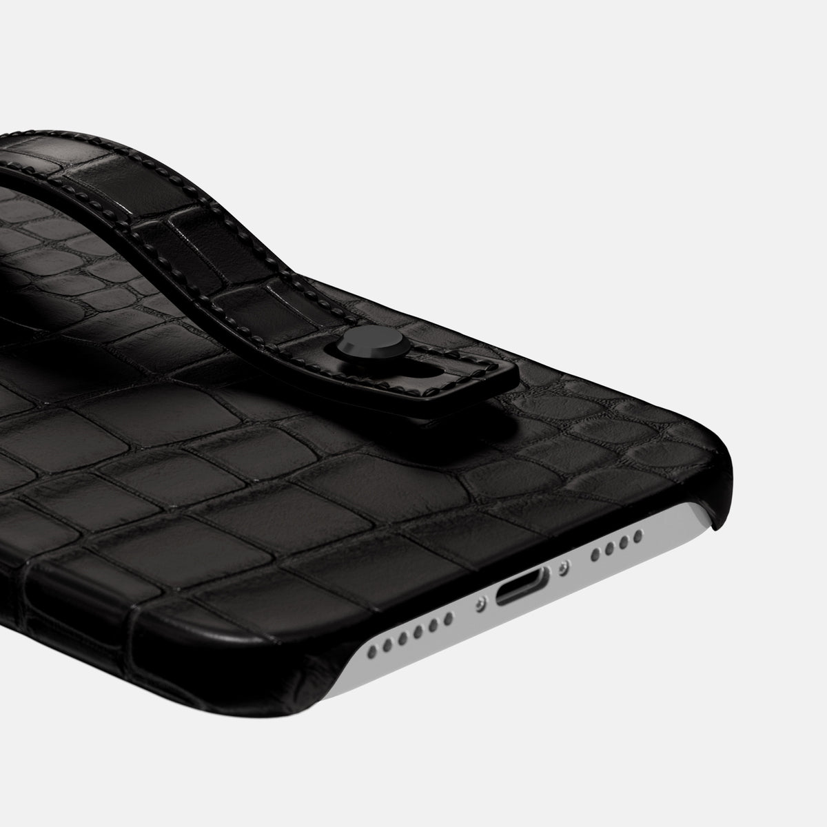 Black iPhone 16 Pro Max Hand Strap Case Alligator with Black Metal -5 | Black-Black