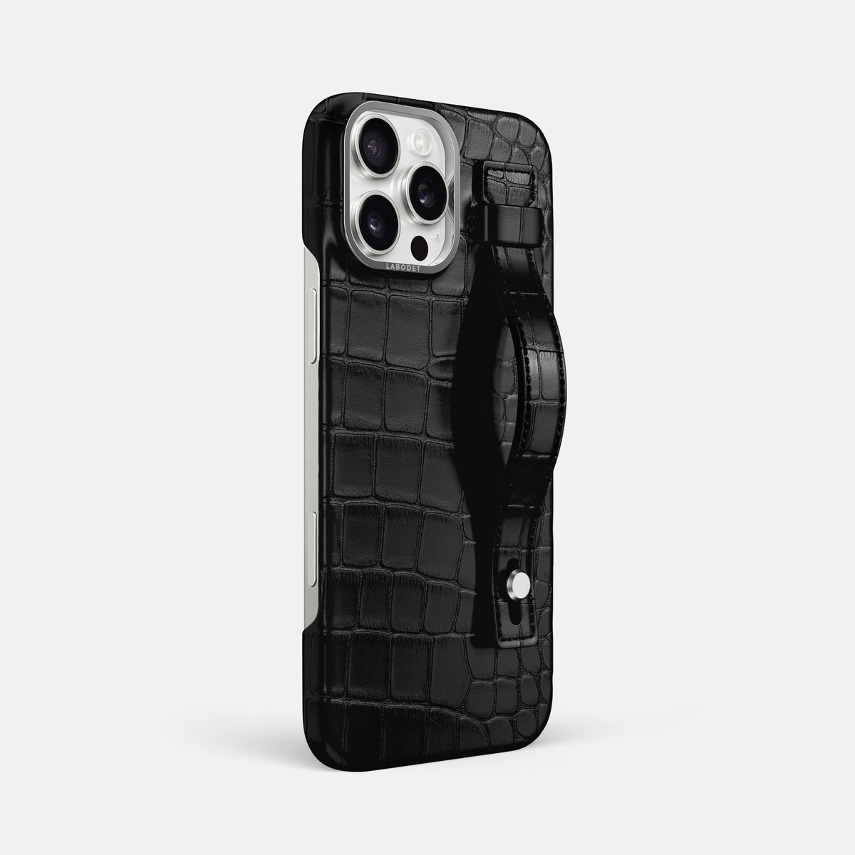 Black iPhone 16 Pro Max Hand Strap Case Alligator with Steel Metal -2 | Black-Steel