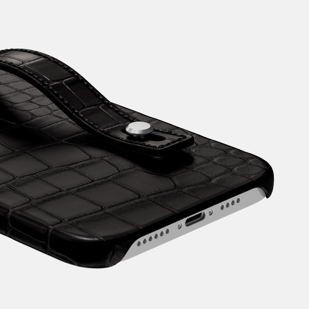 Black iPhone 16 Pro Max Hand Strap Case Alligator with Steel Metal -5 | Black-Steel