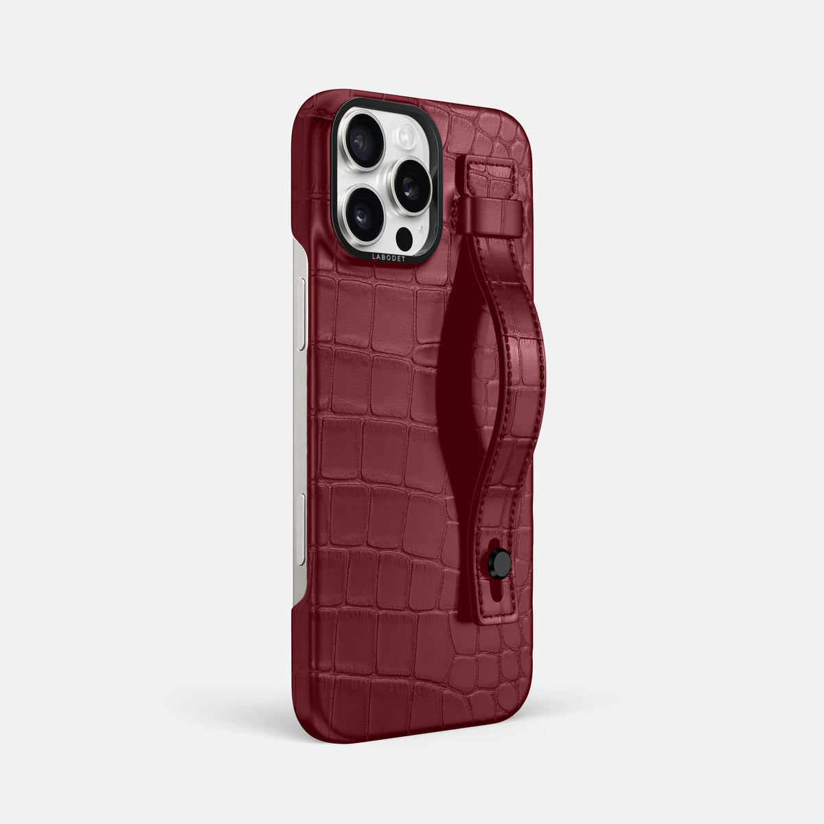 Burgundy iPhone 16 Pro Max Hand Strap Case Alligator with Black Metal -2 | Burgundy-Black