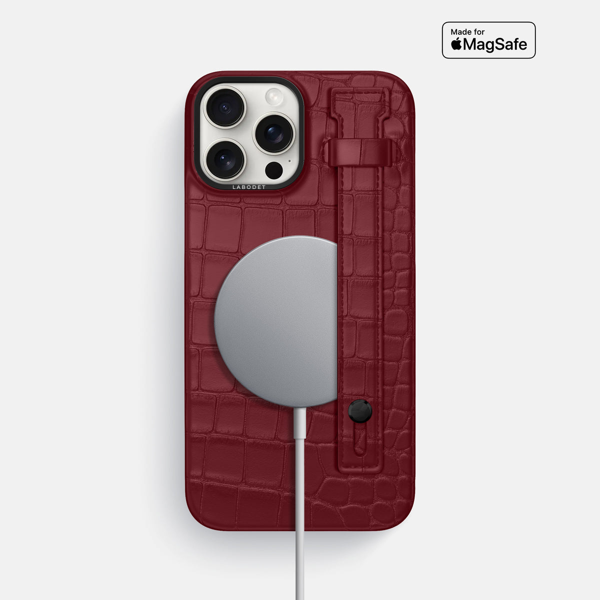 Burgundy iPhone 16 Pro Max Hand Strap Case Alligator with Black Metal -4 | Burgundy-Black