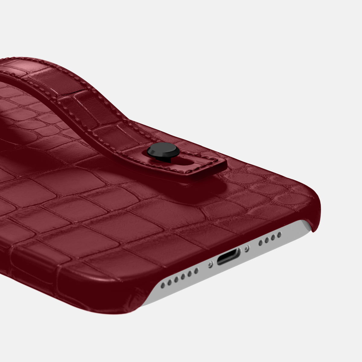 Burgundy iPhone 16 Pro Max Hand Strap Case Alligator with Black Metal -5 | Burgundy-Black