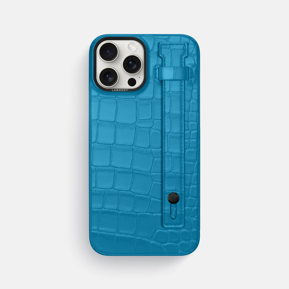 Curaçao-Blue iPhone 16 Pro Max Hand Strap Case Alligator with Black Metal -1 | Curaçao-Blue-Black