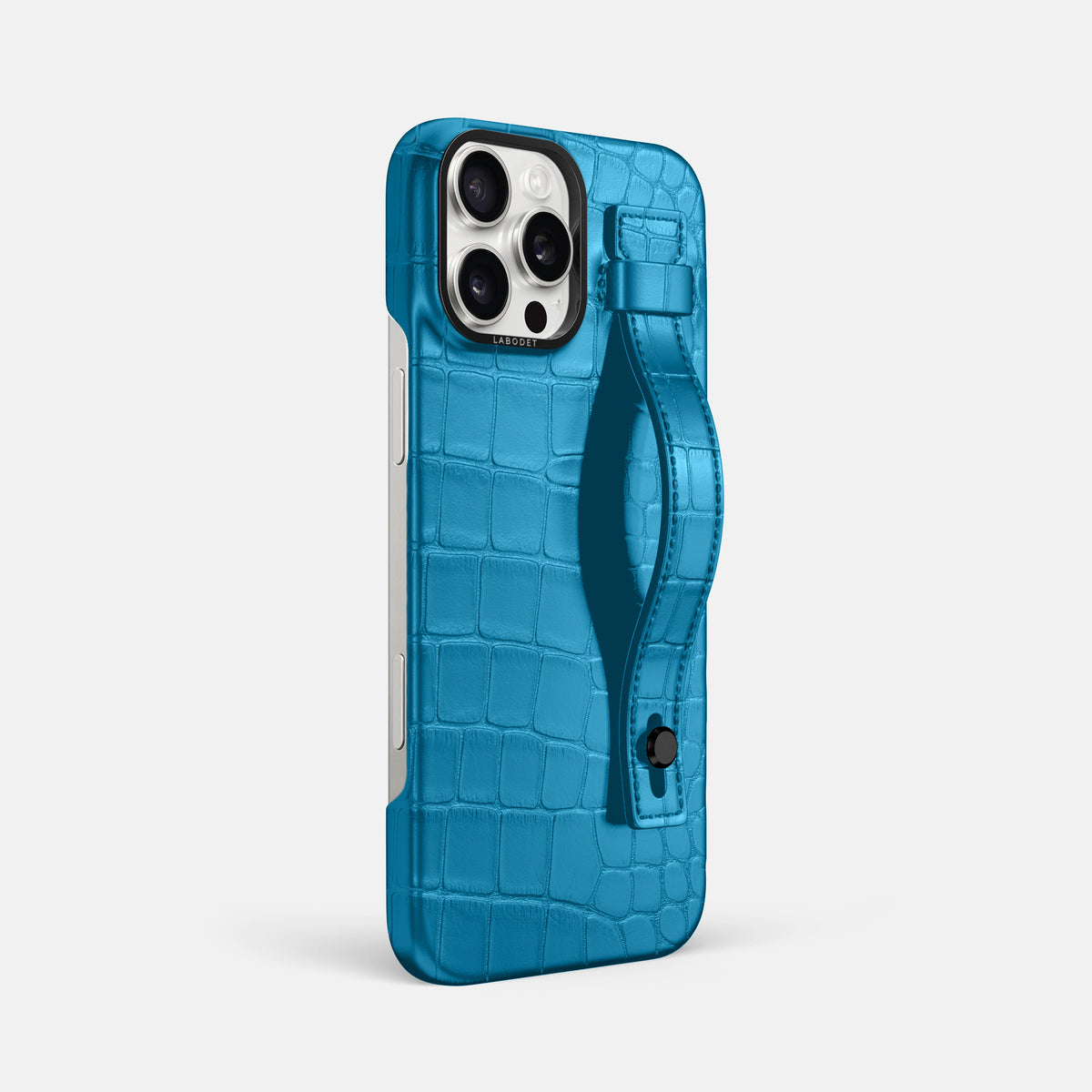 Curaçao-Blue iPhone 16 Pro Max Hand Strap Case Alligator with Black Metal -2 | Curaçao-Blue-Black