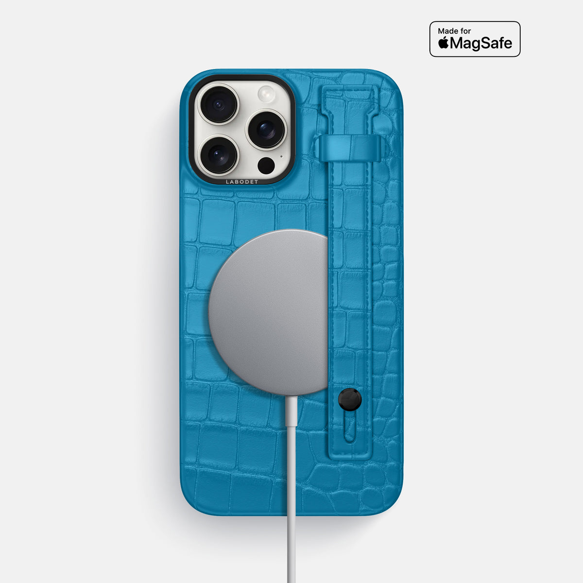 Curaçao-Blue iPhone 16 Pro Max Hand Strap Case Alligator with Black Metal -4 | Curaçao-Blue-Black