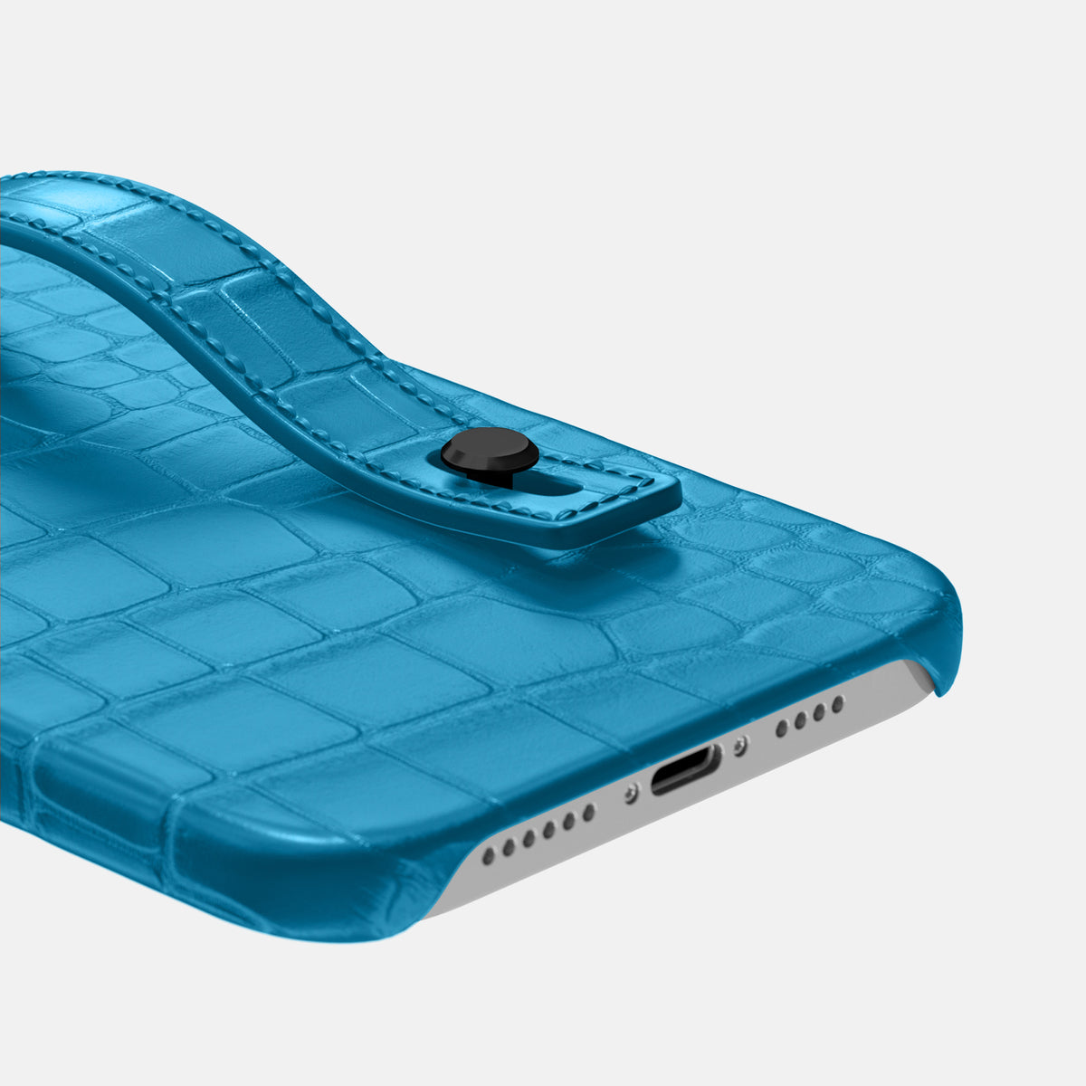 Curaçao-Blue iPhone 16 Pro Max Hand Strap Case Alligator with Black Metal -5 | Curaçao-Blue-Black