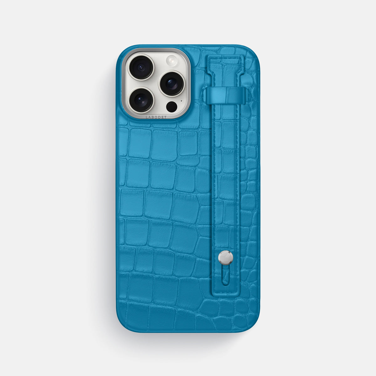 Curaçao-Blue iPhone 16 Pro Max Hand Strap Case Alligator with Steel Metal -1 | Curaçao-Blue-Steel